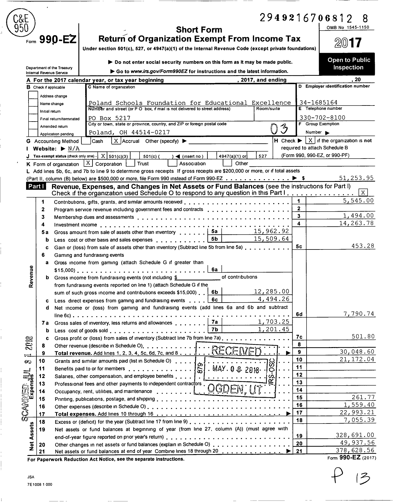 Image of first page of 2017 Form 990EZ for Poland Schools Foundation for Educational Excellence