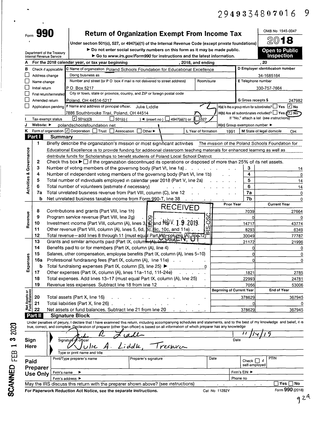 Image of first page of 2018 Form 990 for Poland Schools Foundation for Educational Excellence