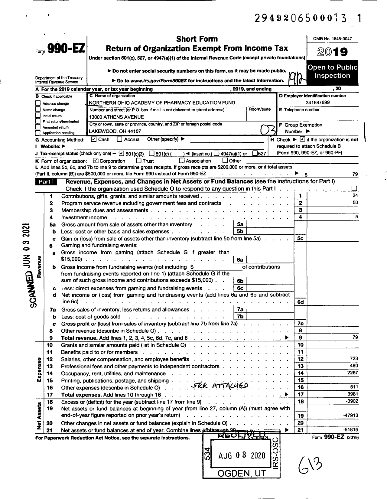 Image of first page of 2019 Form 990EZ for Northern Ohio Academy of Pharmacy Education Fund