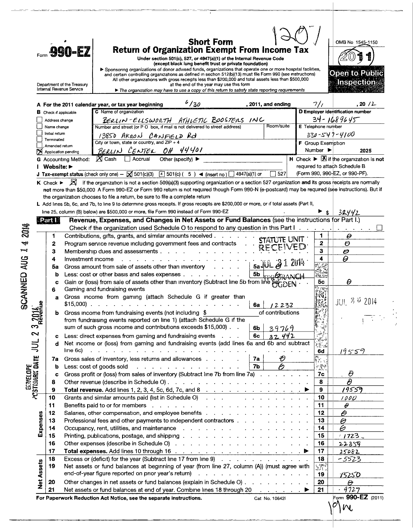 Image of first page of 2011 Form 990EO for Berlin-Ellsworth Athletic Boosters