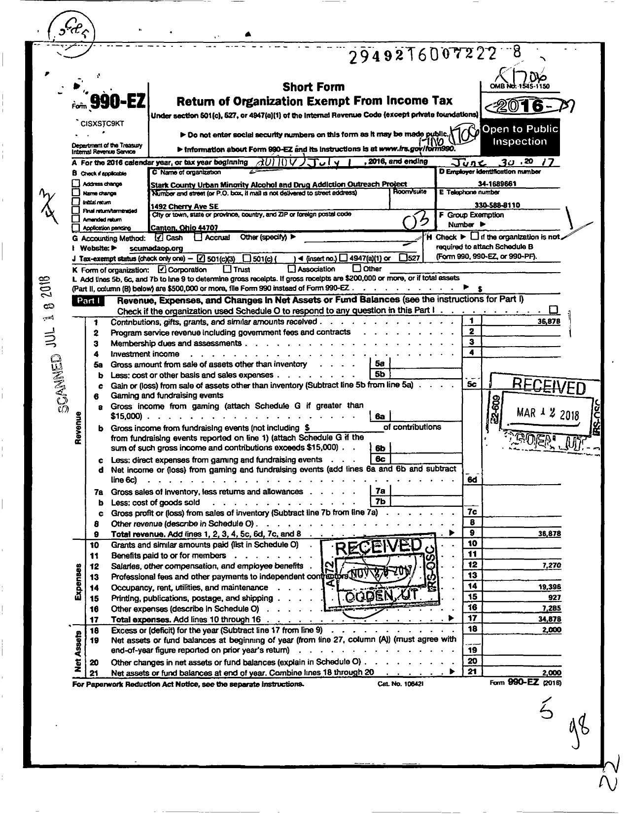 Image of first page of 2016 Form 990EZ for Stark County Urban Minority Alcohol and Drug Addiction Outreac