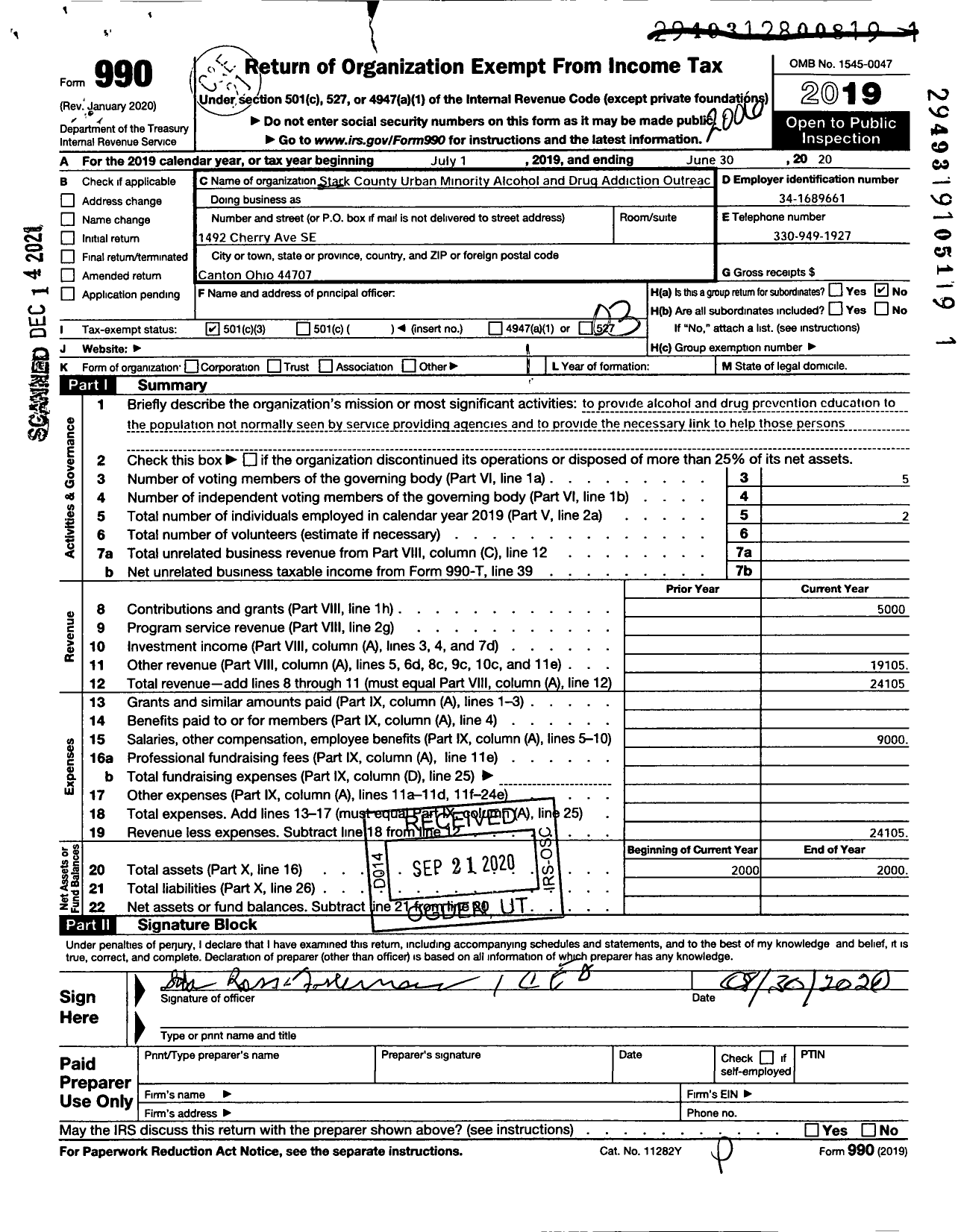 Image of first page of 2019 Form 990 for Stark County Urban Minority Alcohol and Drug Addiction Outreac