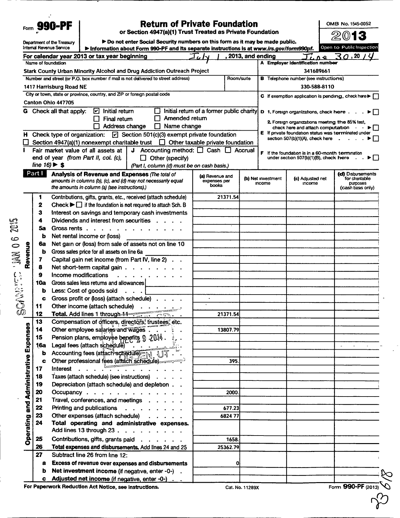 Image of first page of 2013 Form 990PF for Stark County Urban Minority Alcohol and Drug Addiction Outreac