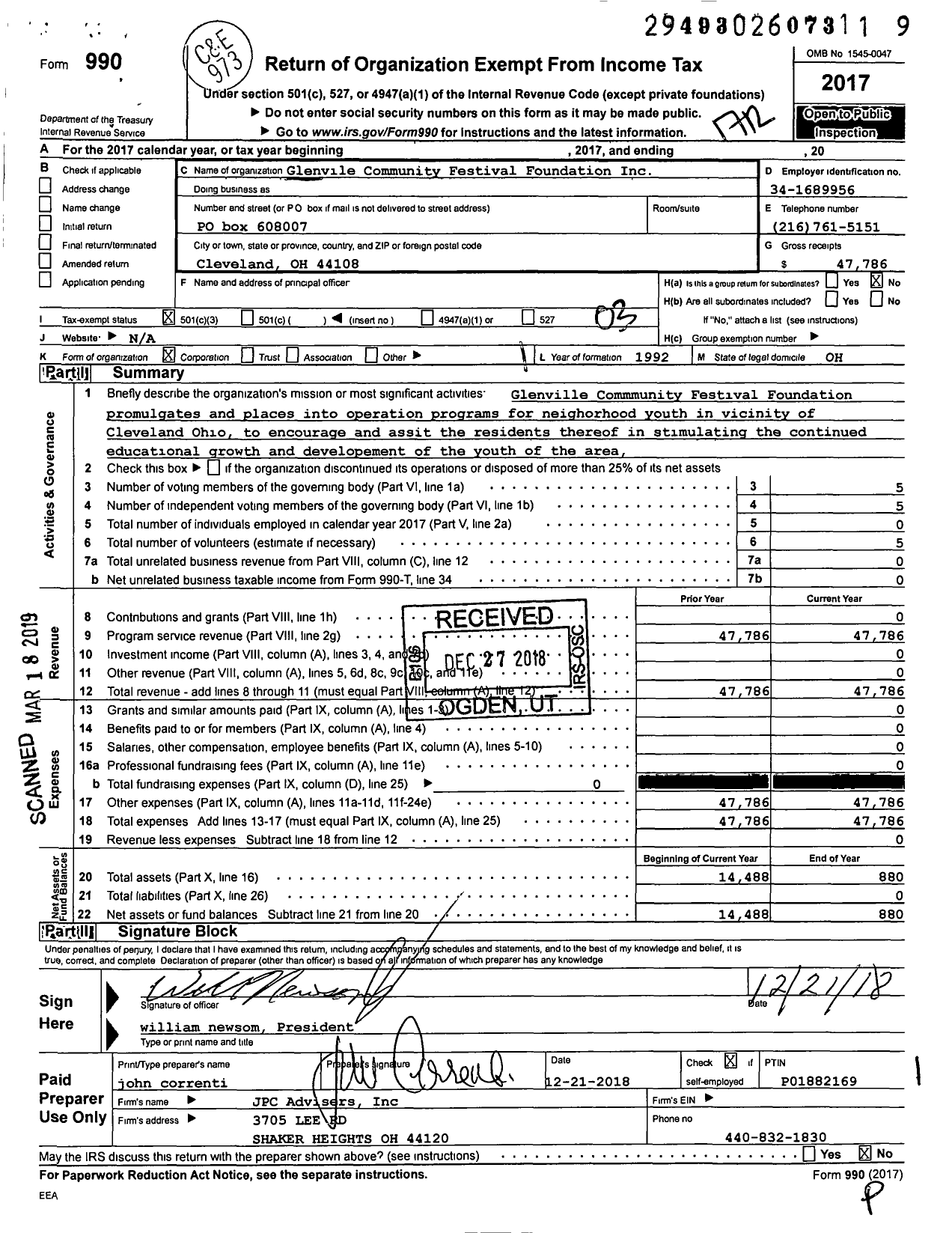 Image of first page of 2017 Form 990 for Glenville Community Festival Foundation