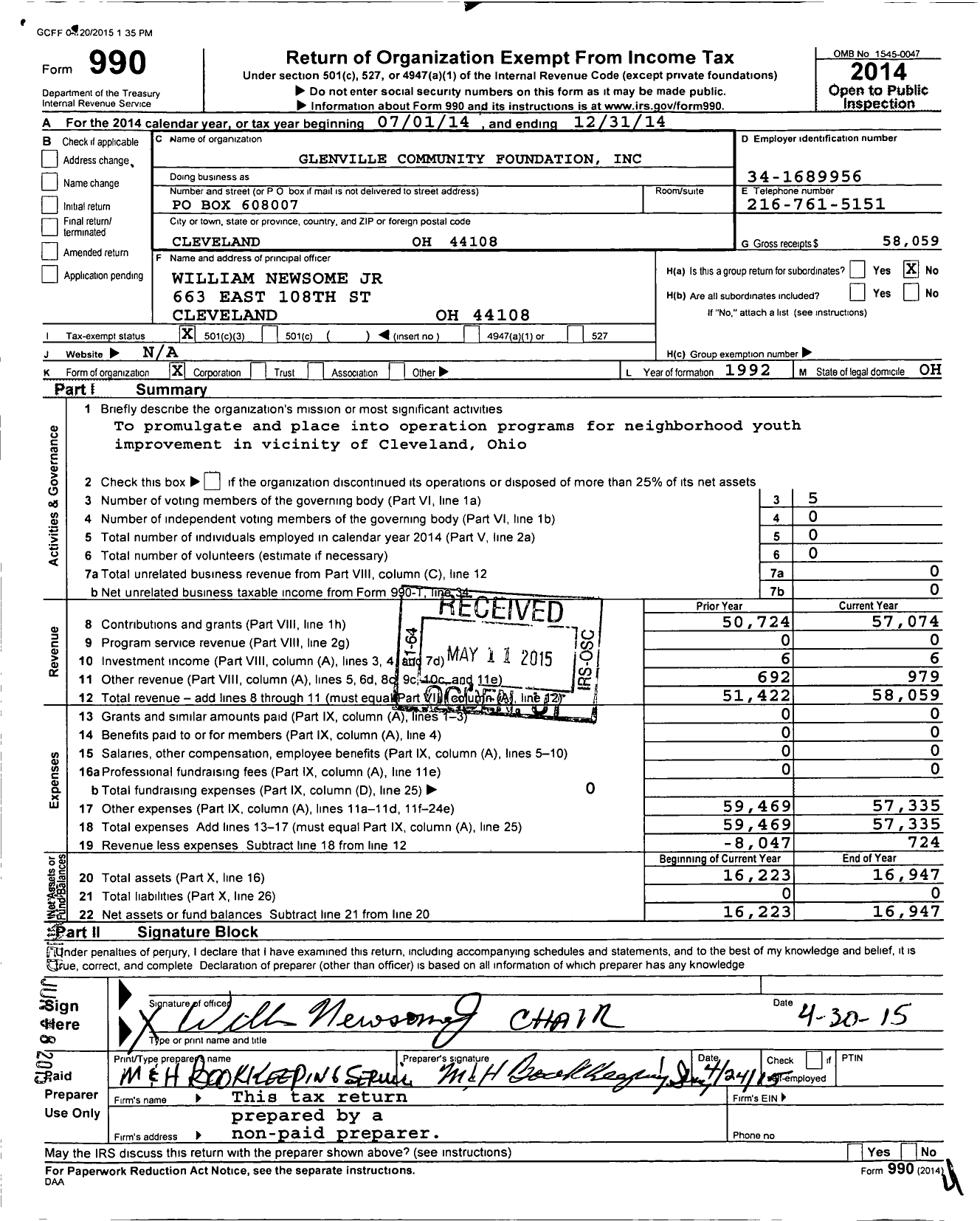 Image of first page of 2014 Form 990 for Glenville Community Festival Foundation