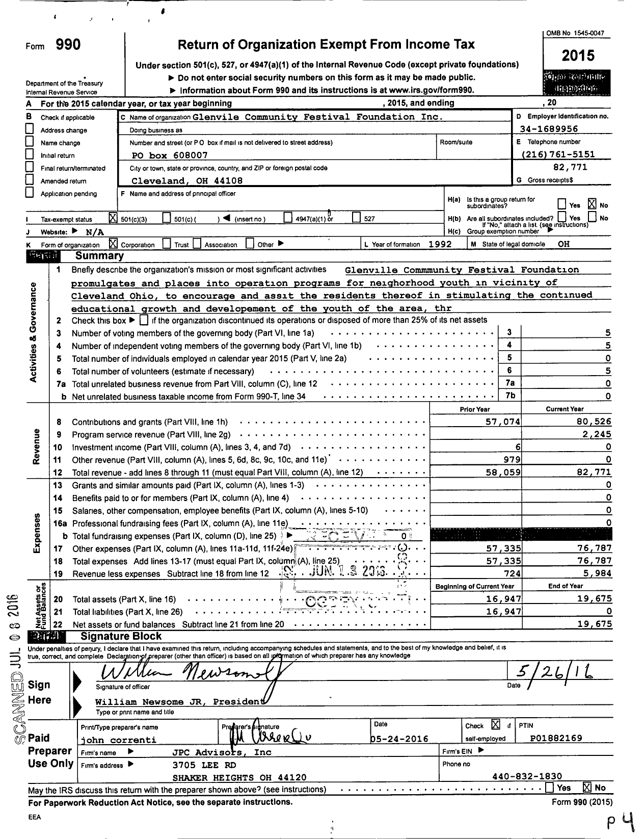 Image of first page of 2015 Form 990 for Glenville Community Festival Foundation