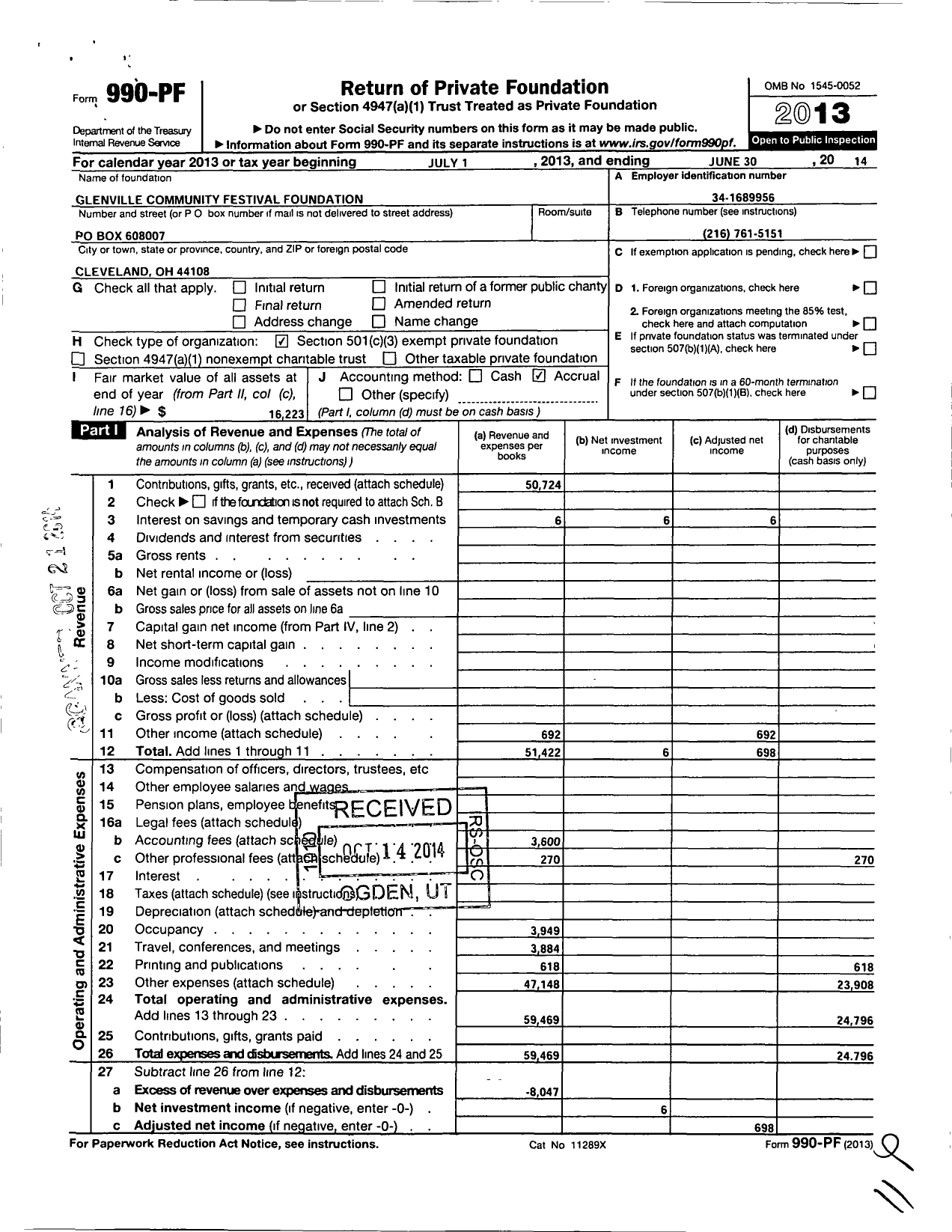 Image of first page of 2013 Form 990PF for Glenville Community Festival Foundation