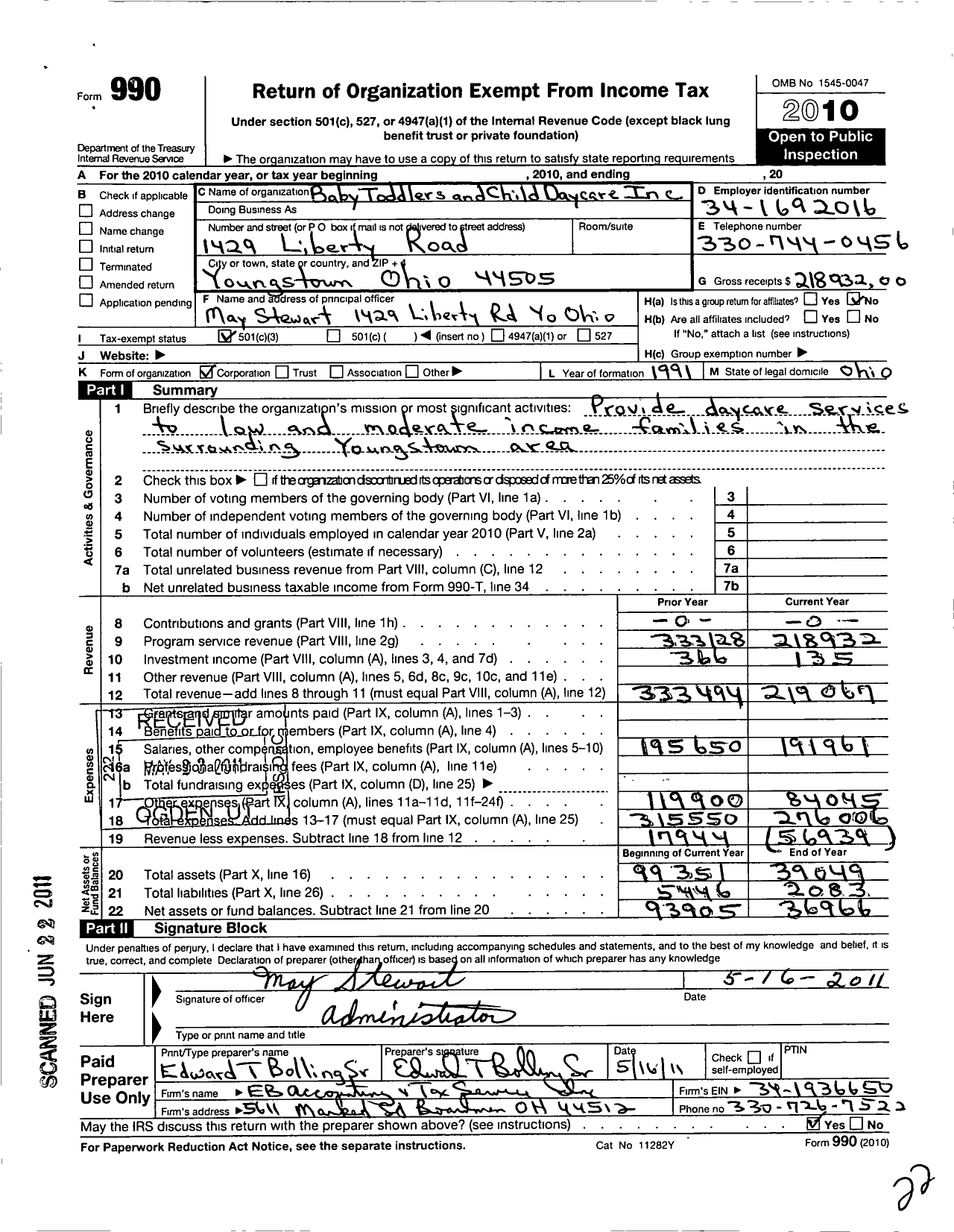 Image of first page of 2010 Form 990 for Baby Toddlers and Child Daycare Center
