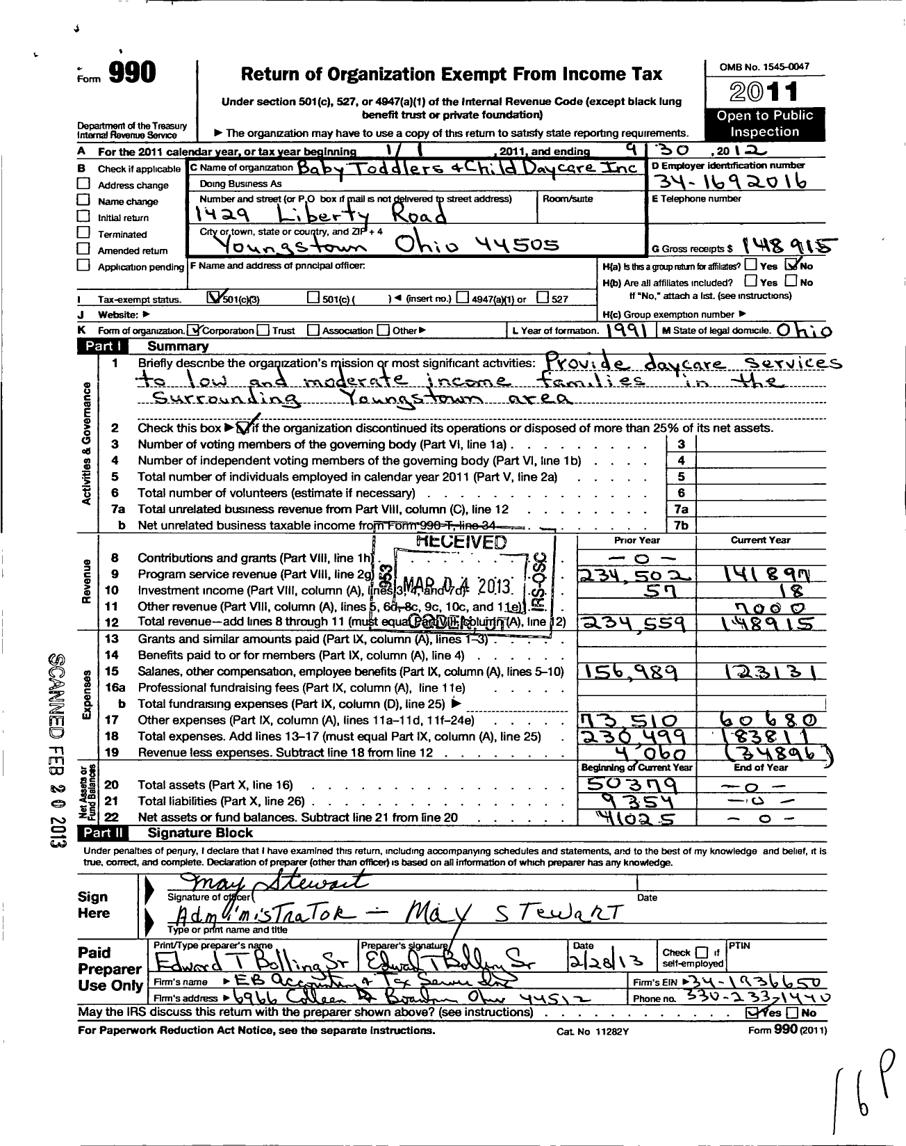 Image of first page of 2012 Form 990 for Baby Toddlers and Child Daycare Center