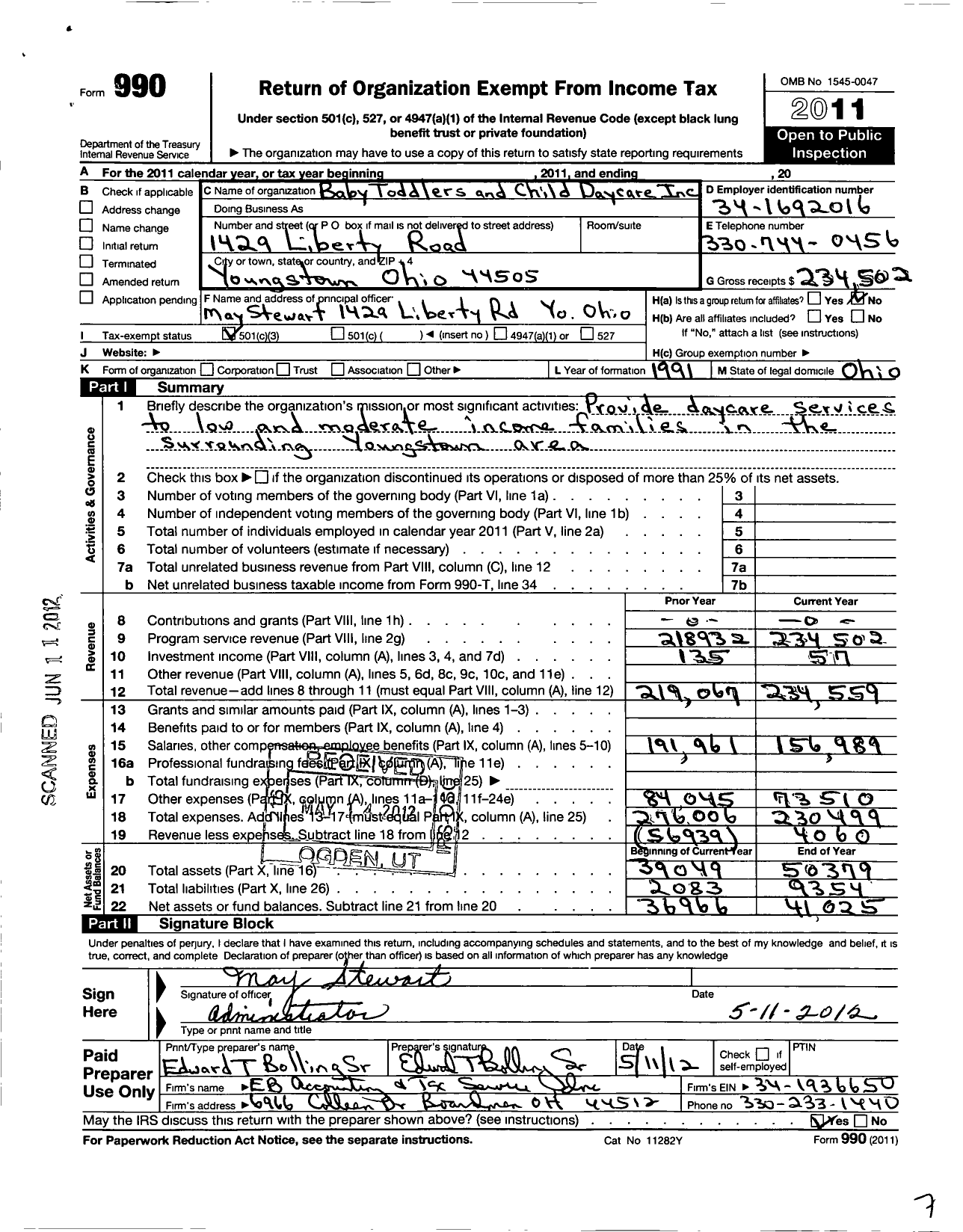Image of first page of 2011 Form 990 for Baby Toddlers and Child Daycare Center