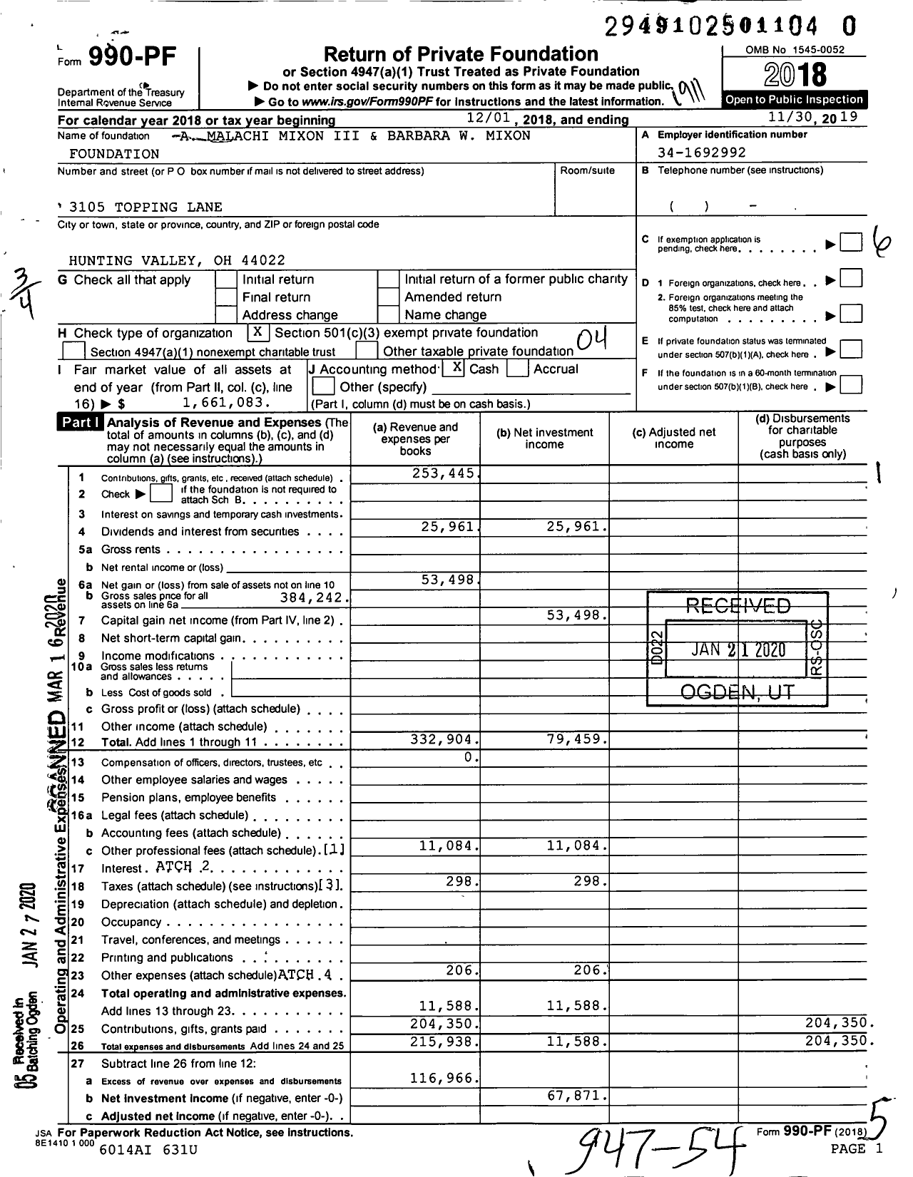 Image of first page of 2018 Form 990PR for A Malachi Mixon Iii and Barbara W Mixon Foundation