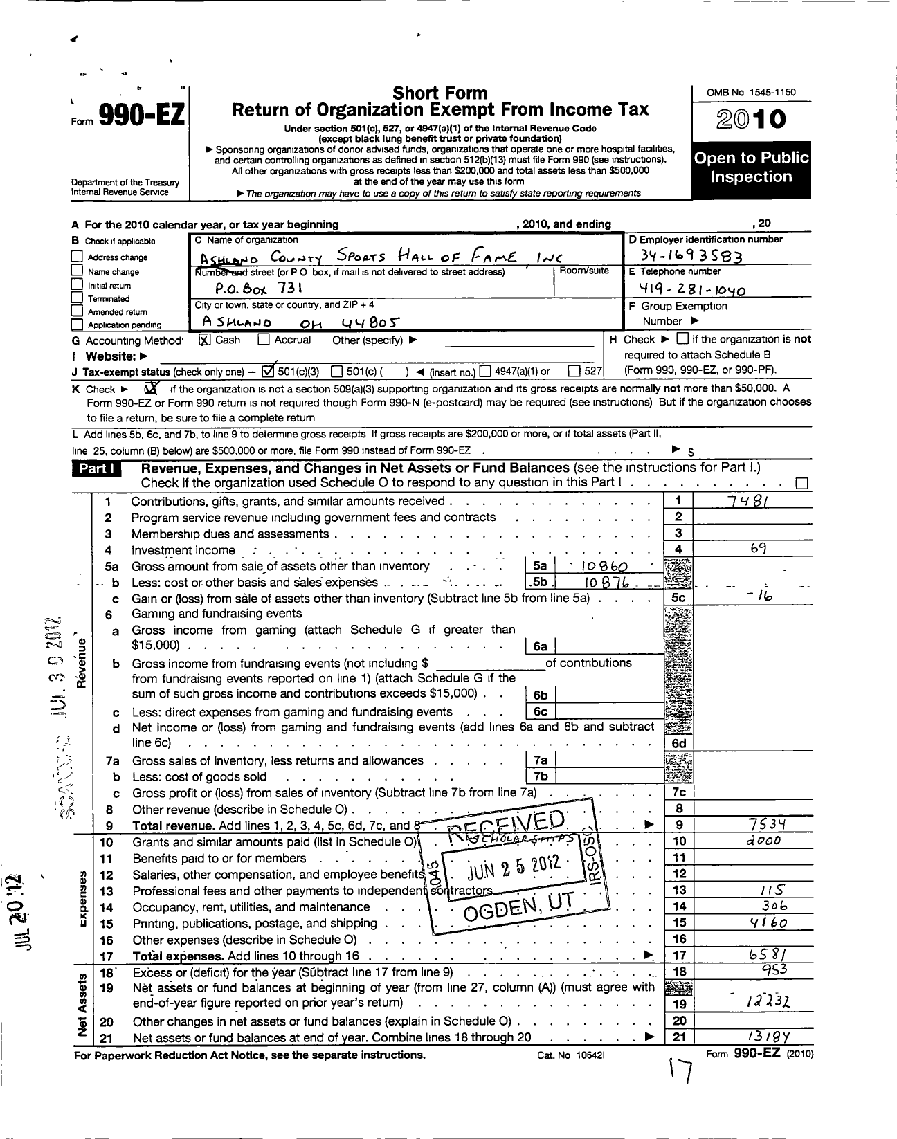 Image of first page of 2010 Form 990EZ for Ashland Coutny Sports Hall of Fame