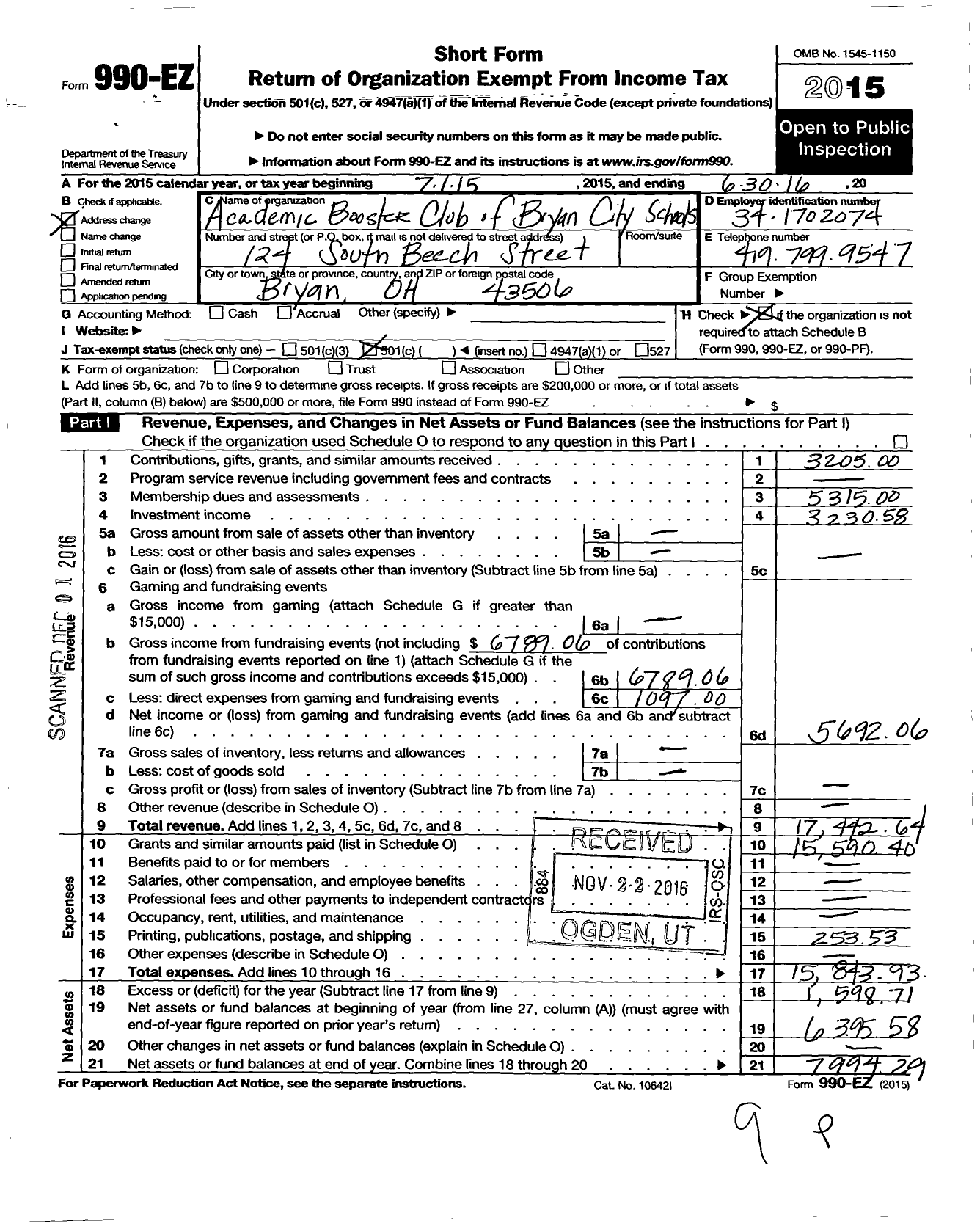 Image of first page of 2015 Form 990EO for Academic Booster Club of Bryan City