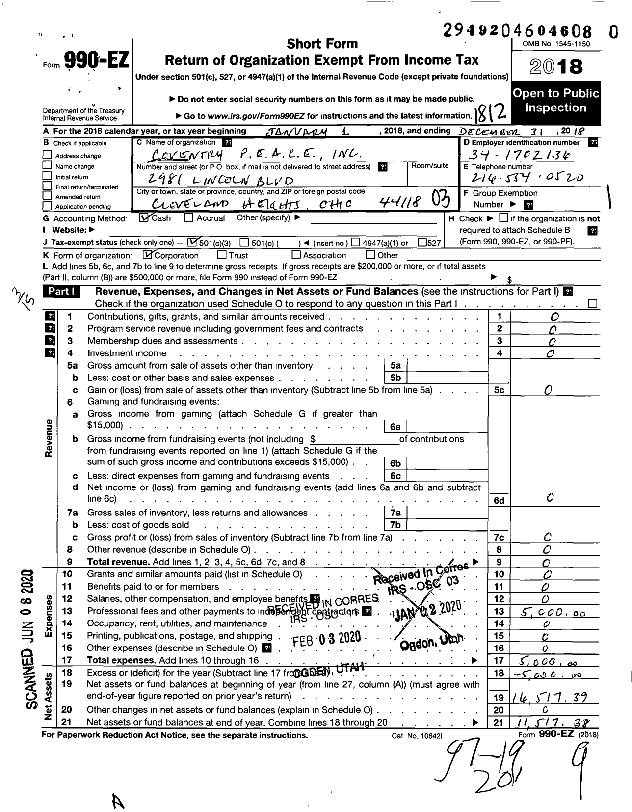 Image of first page of 2018 Form 990EZ for Coventry People Enhancing A Childs Environment Incorporated