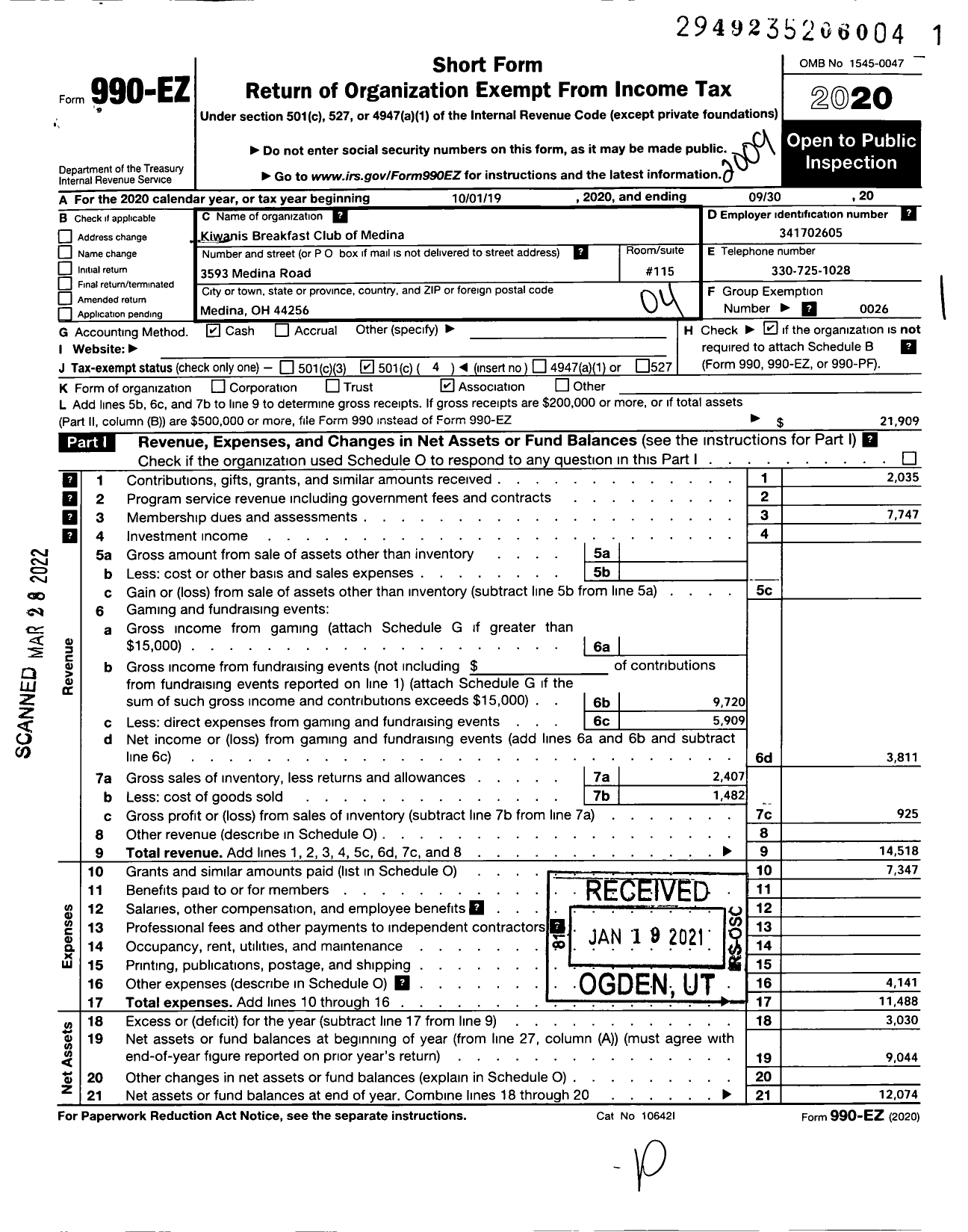 Image of first page of 2019 Form 990EO for Kiwanis International - K07090 Medina Breakfast