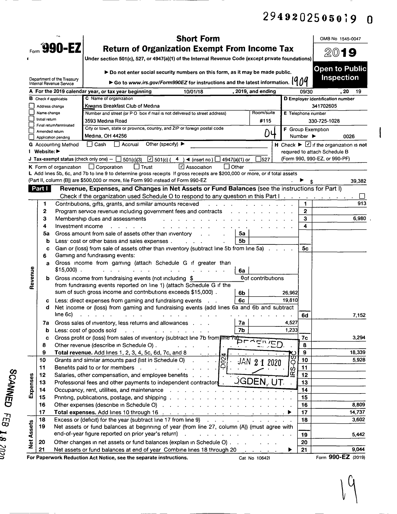 Image of first page of 2018 Form 990EO for Kiwanis International - K07090 Medina Breakfast