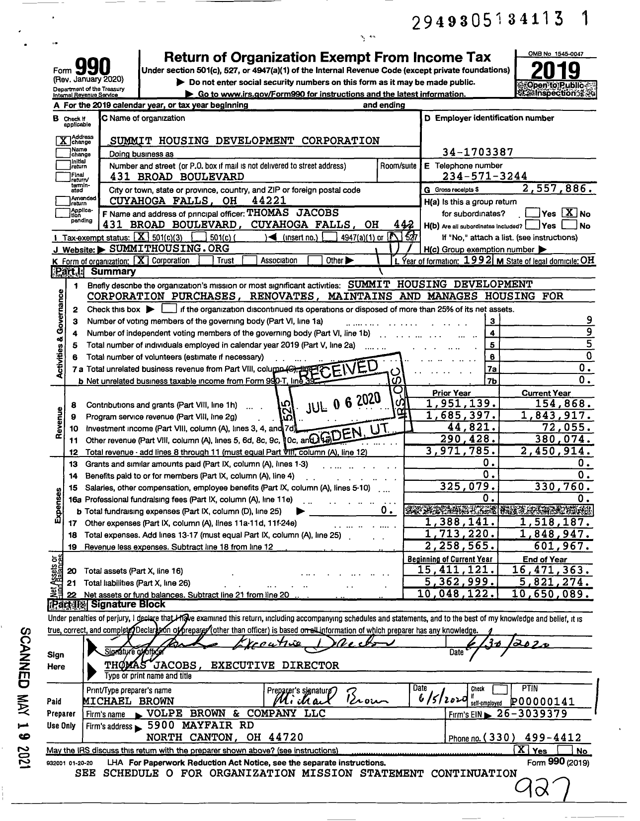 Image of first page of 2019 Form 990 for Summit Housing Development Corporation