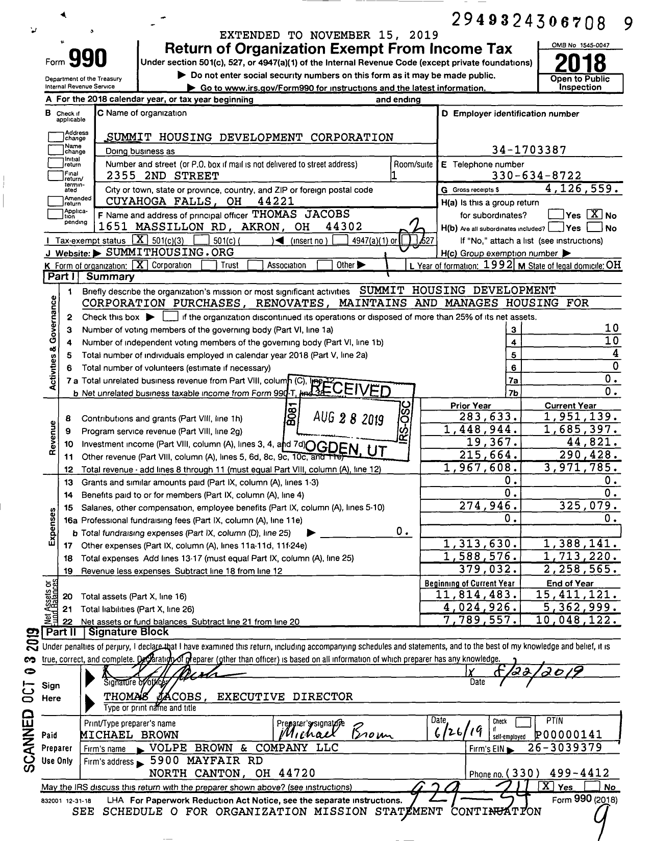 Image of first page of 2018 Form 990 for Summit Housing Development Corporation