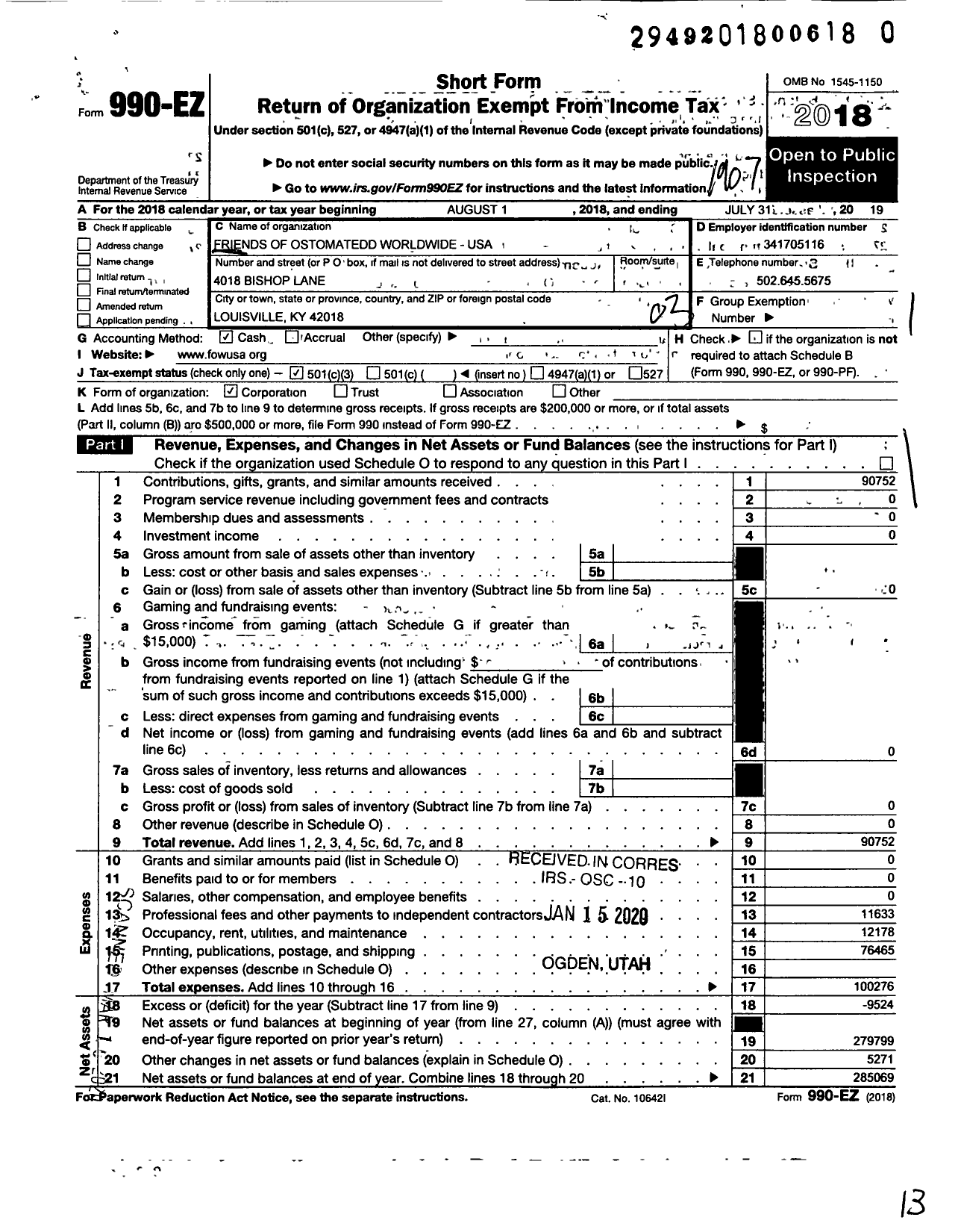 Image of first page of 2018 Form 990EZ for Fow-Usa