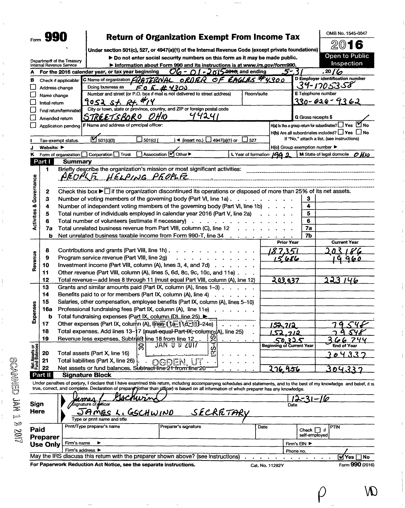 Image of first page of 2015 Form 990 for Fraternal Order of Eagles 4300