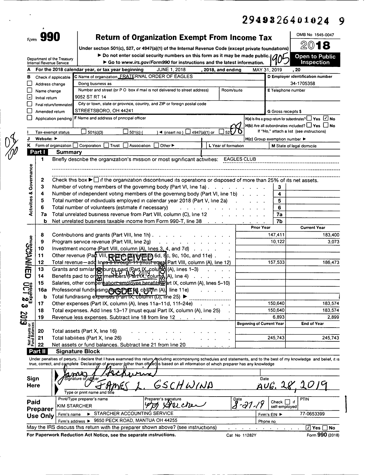 Image of first page of 2018 Form 990O for Fraternal Order of Eagles 4300