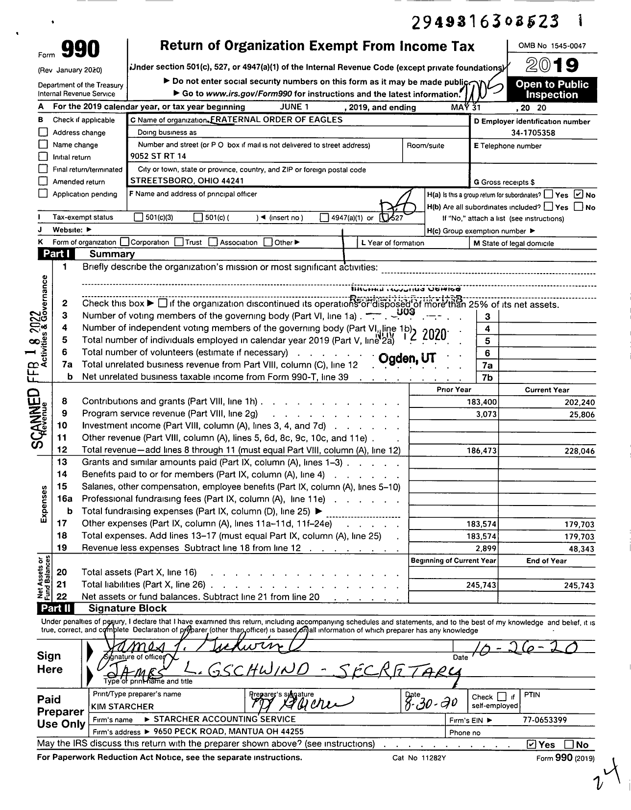 Image of first page of 2019 Form 990O for Fraternal Order of Eagles 4300