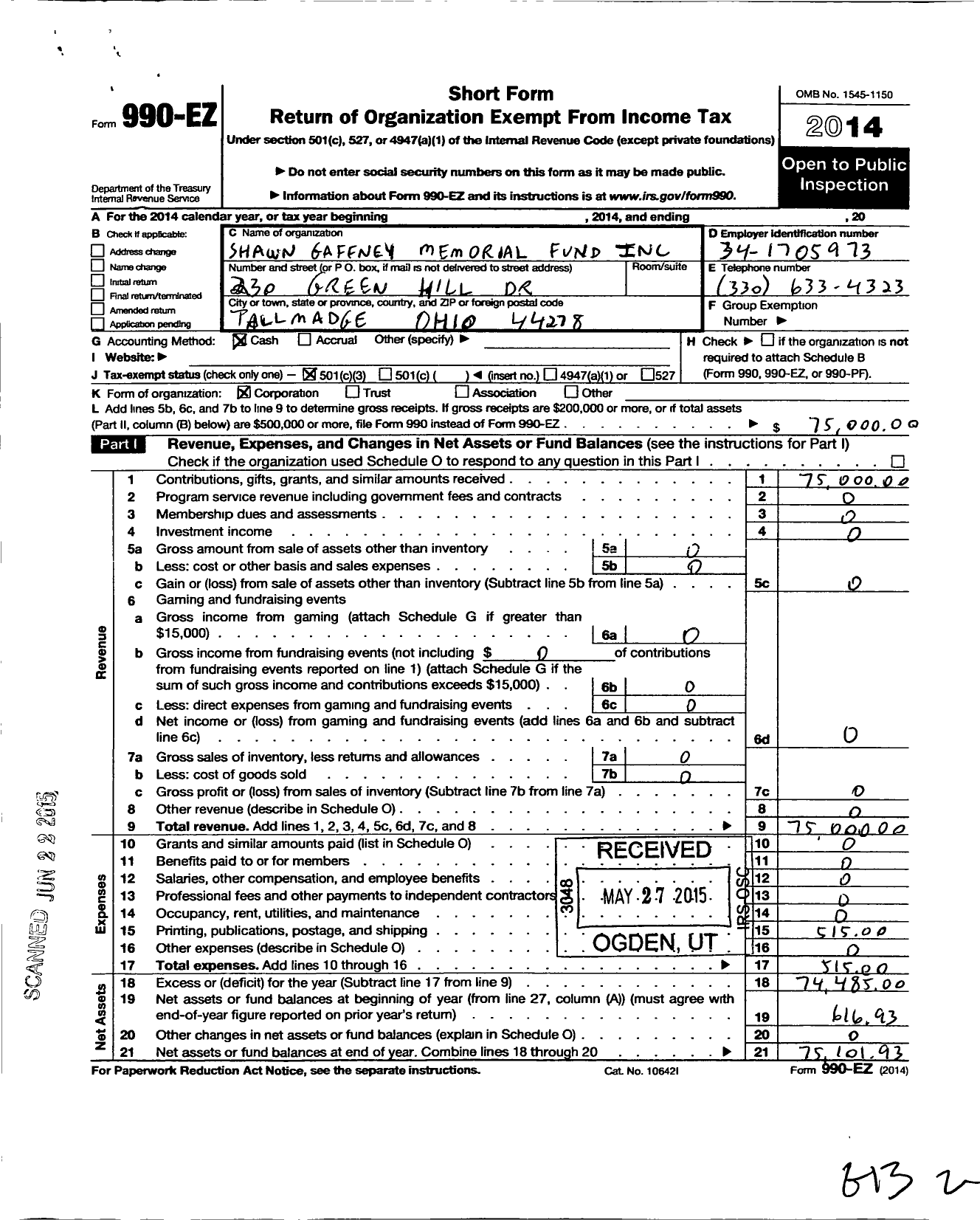 Image of first page of 2014 Form 990EZ for Shawn Gaffney Memorial Fund