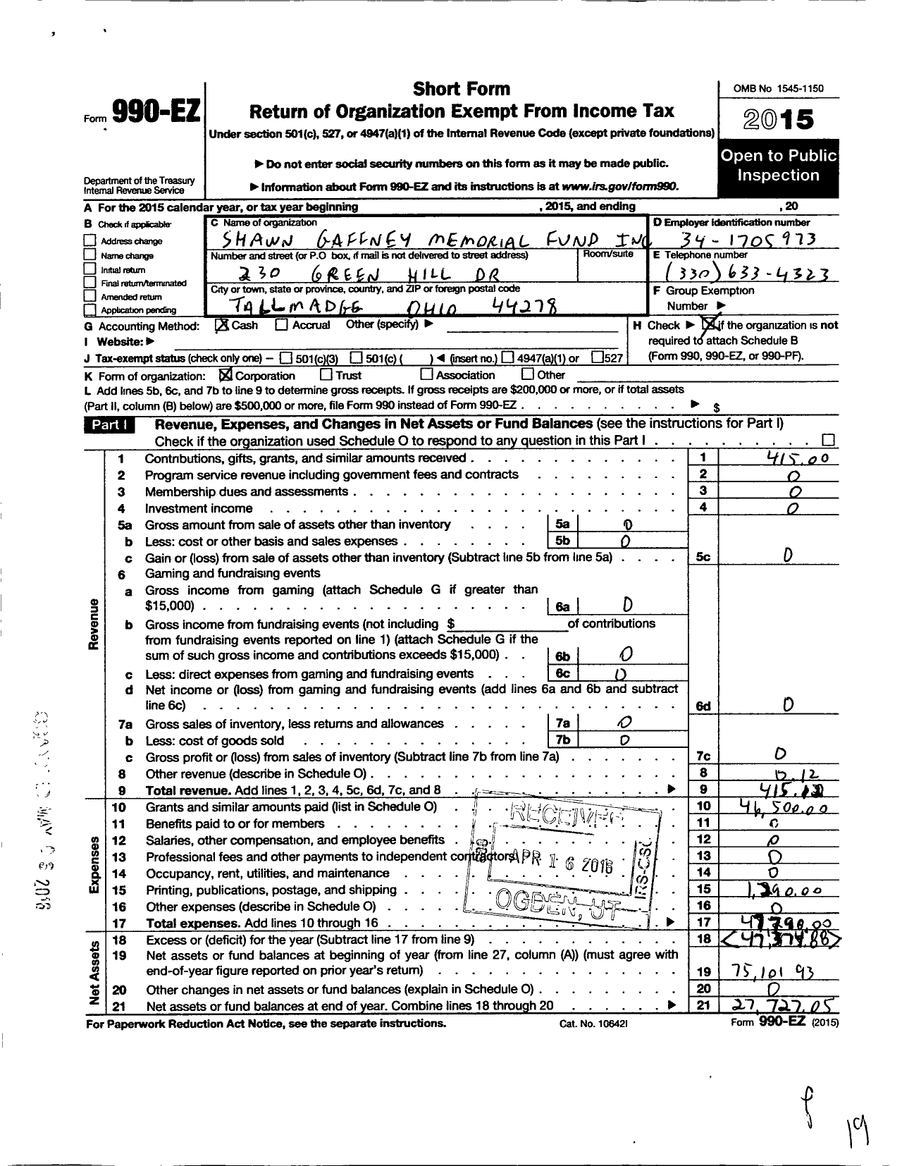 Image of first page of 2015 Form 990EO for Shawn Gaffney Memorial Fund