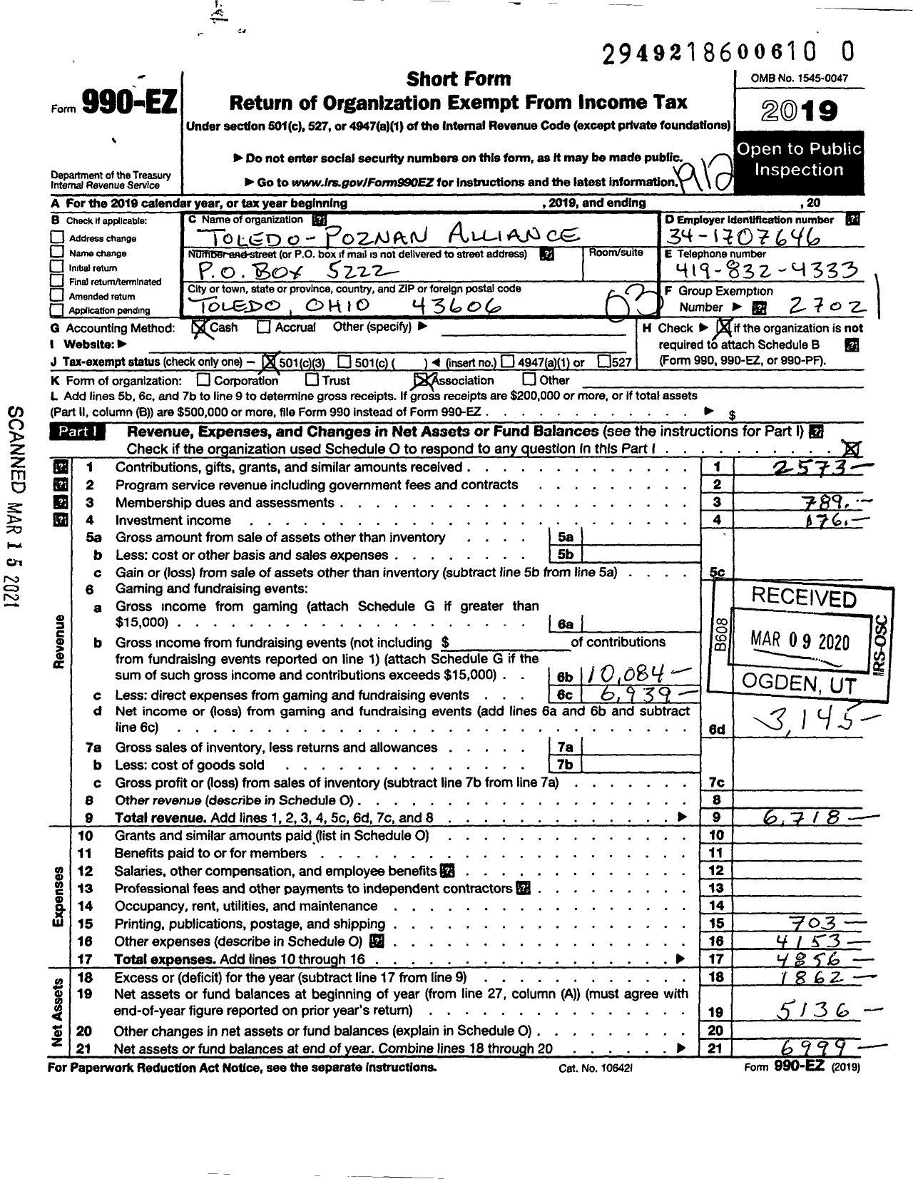 Image of first page of 2019 Form 990EZ for Toledo-Poznan Alliance