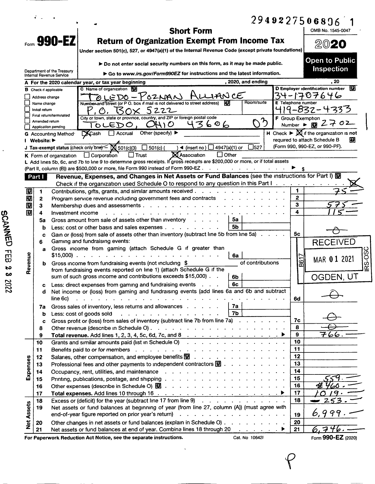 Image of first page of 2020 Form 990EZ for Toledo-Poznan Alliance