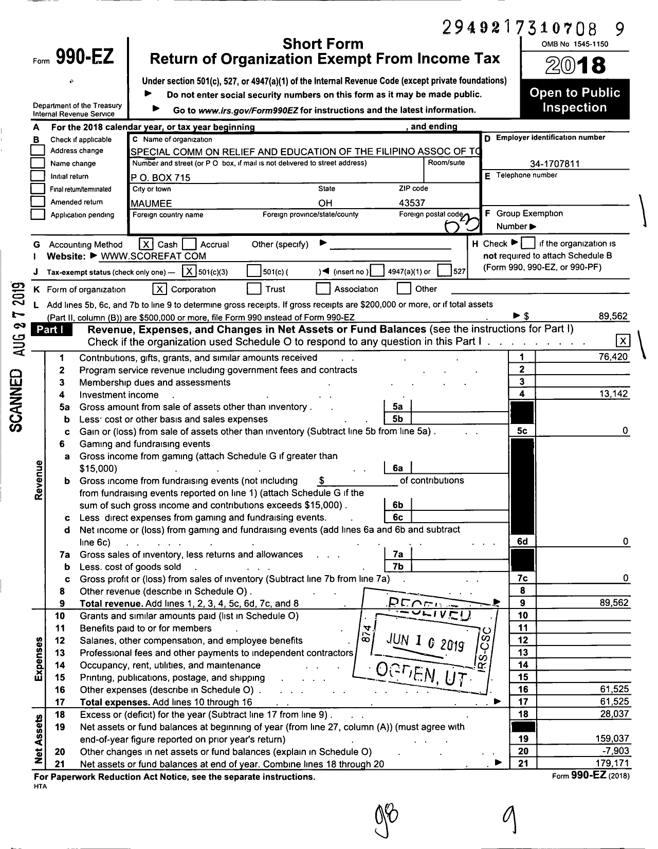 Image of first page of 2018 Form 990EZ for Special Comm on Relief and Education If the Filipn