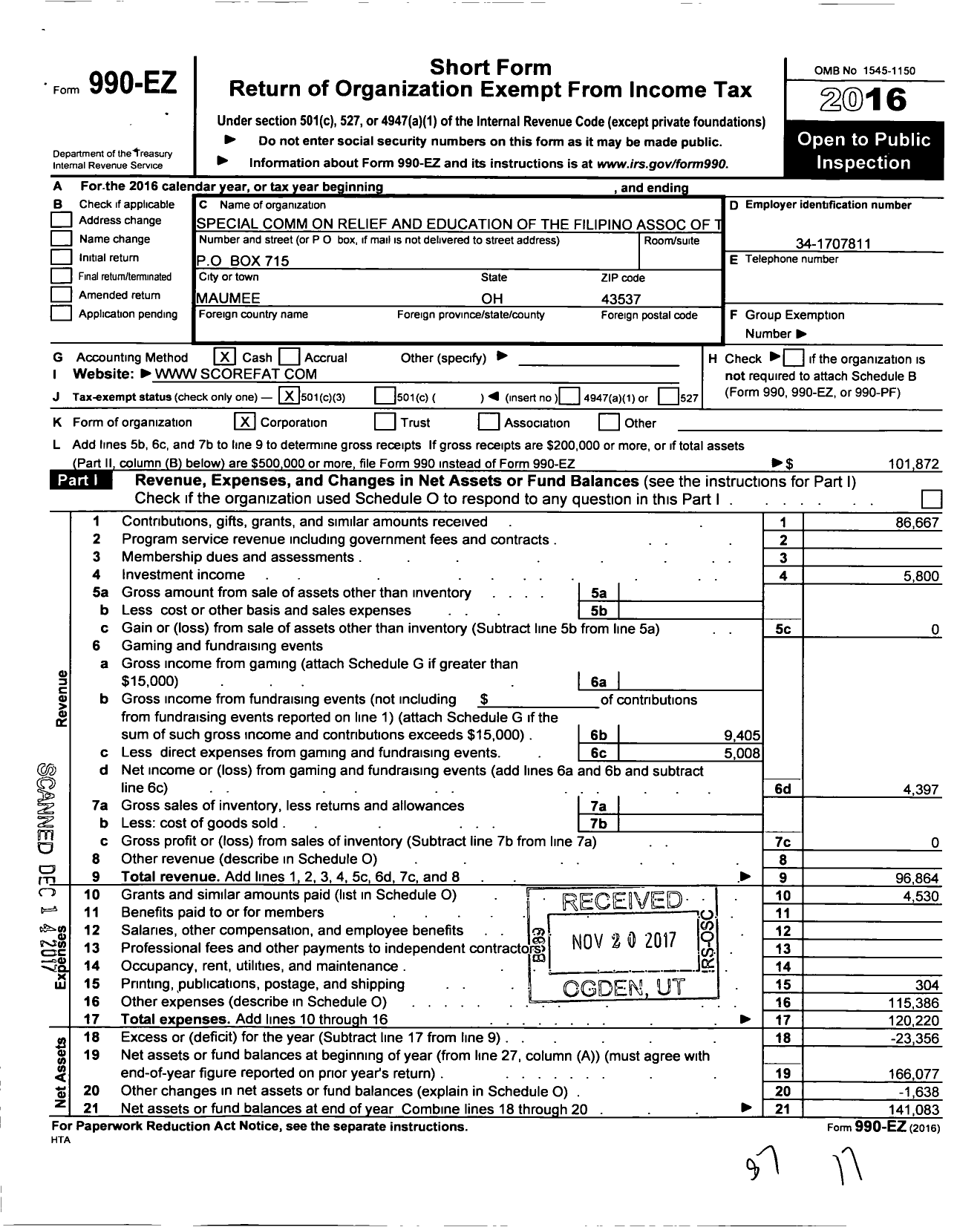 Image of first page of 2016 Form 990EZ for Special Comm on Relief and Education If the Filipn