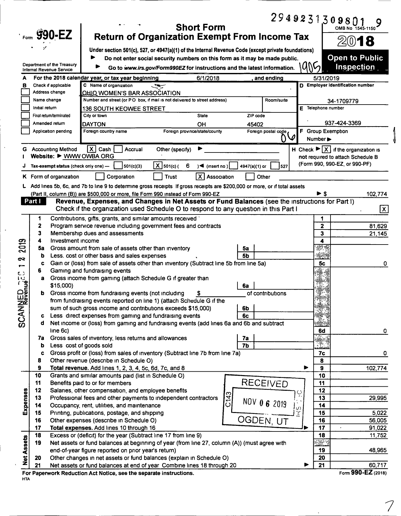 Image of first page of 2018 Form 990O for Ohio Womens Bar Association