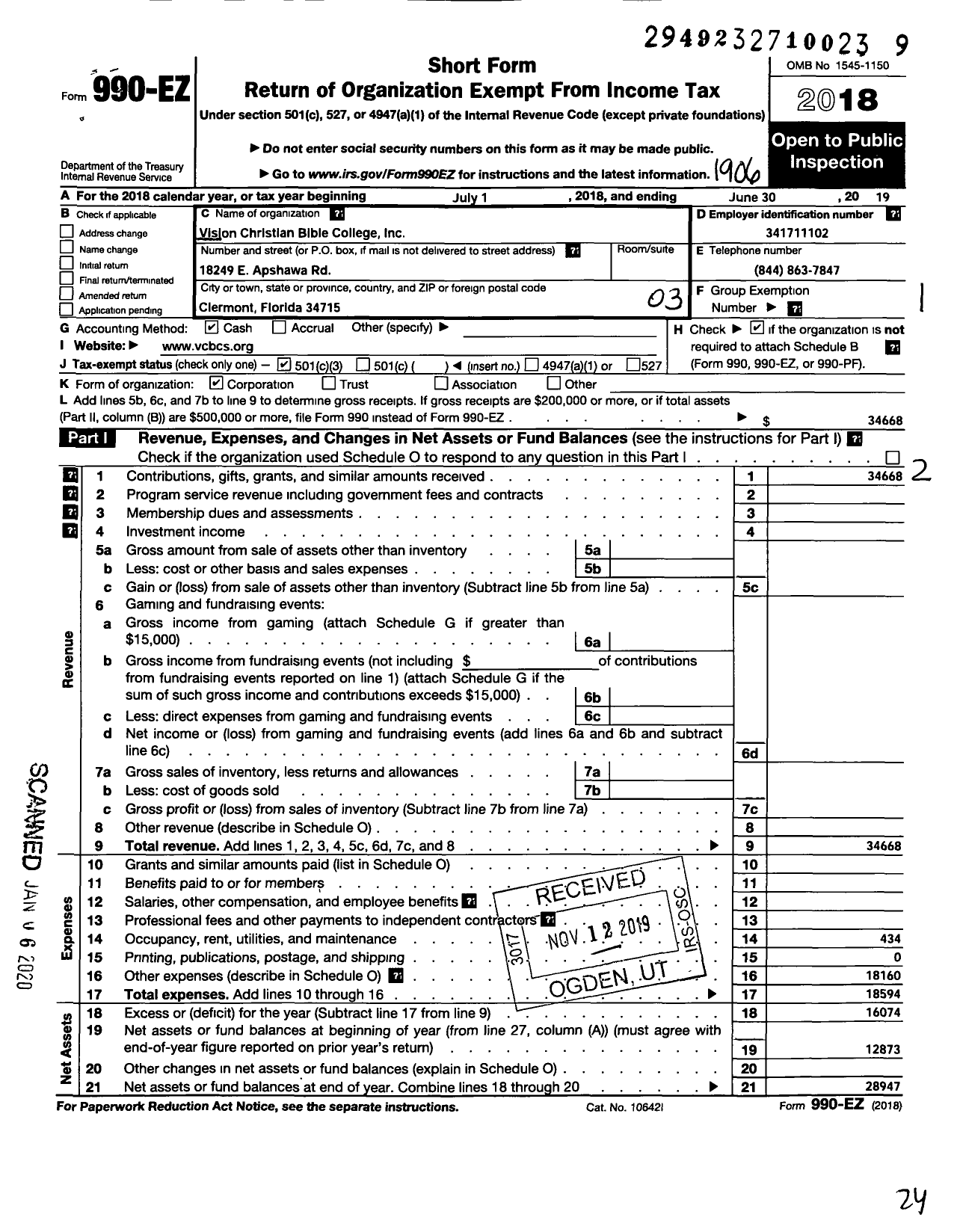 Image of first page of 2018 Form 990EZ for Vision Christian Bible College