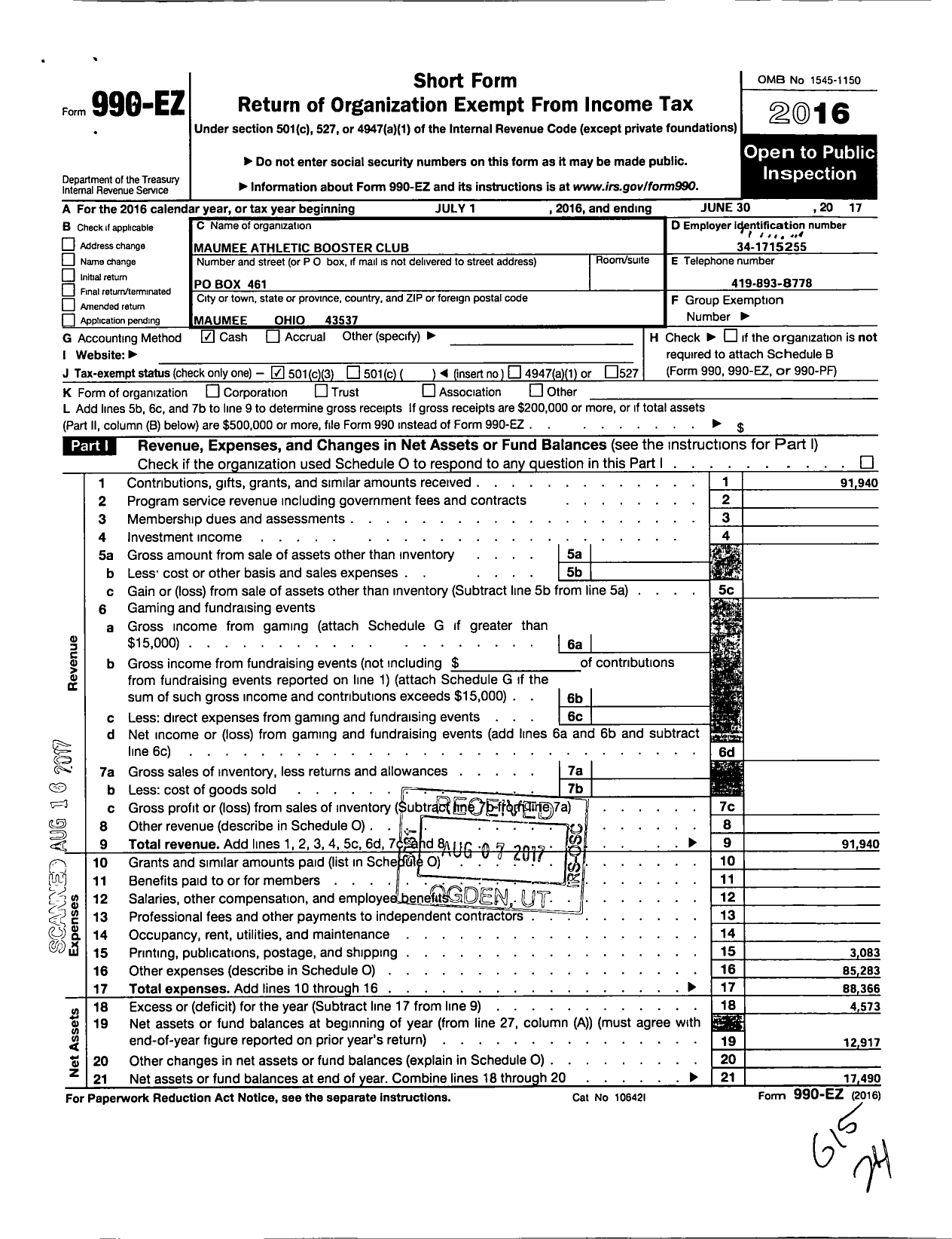 Image of first page of 2016 Form 990EZ for Maumee Athletic Boosters