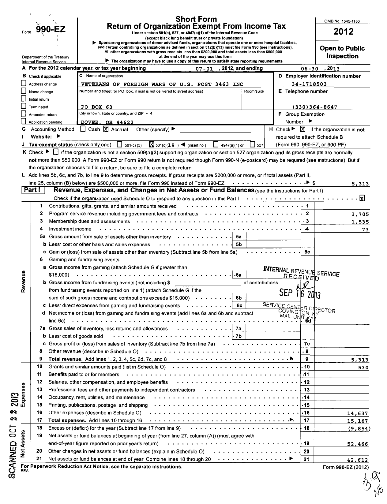 Image of first page of 2012 Form 990EO for Veterans of Foreign Wars of the U S Post 3463