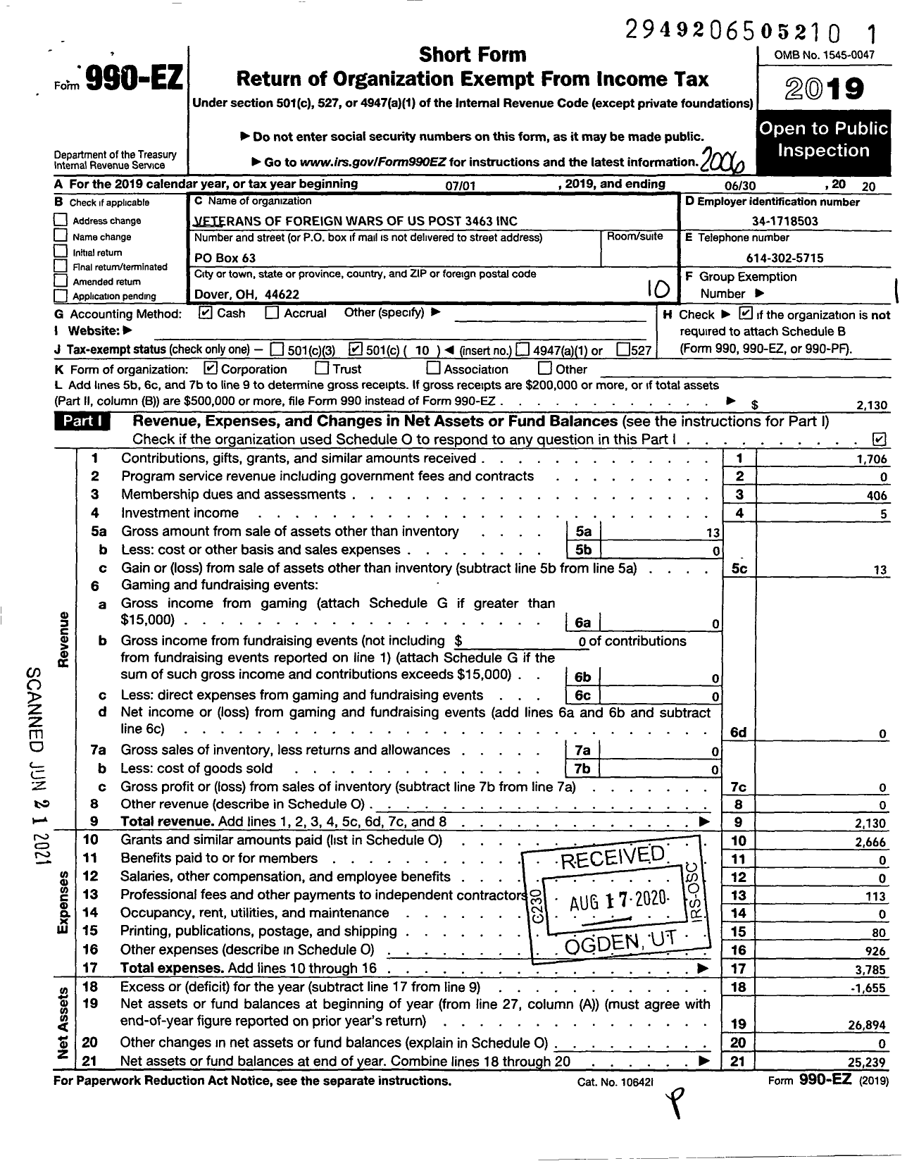 Image of first page of 2019 Form 990EO for Veterans of Foreign Wars of the U S Post 3463