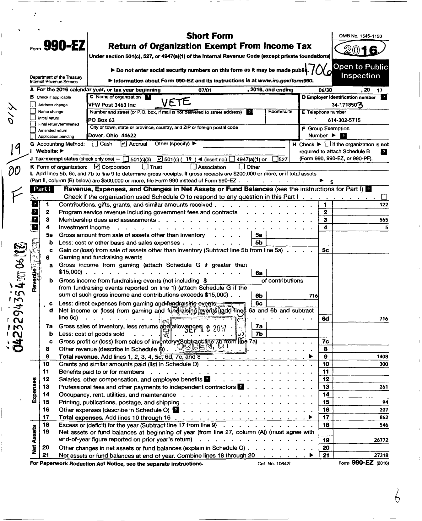 Image of first page of 2016 Form 990EO for Veterans of Foreign Wars of the U S Post 3463