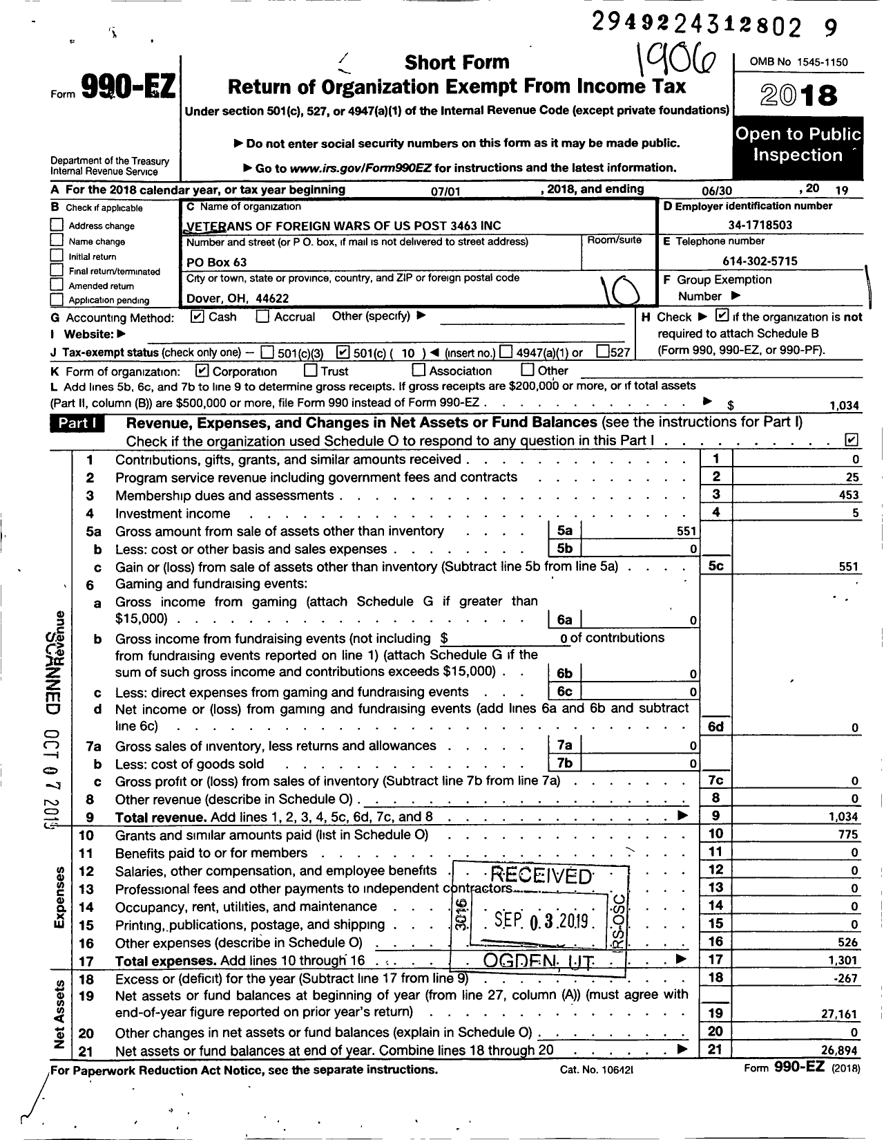 Image of first page of 2018 Form 990EO for Veterans of Foreign Wars of the U S Post 3463