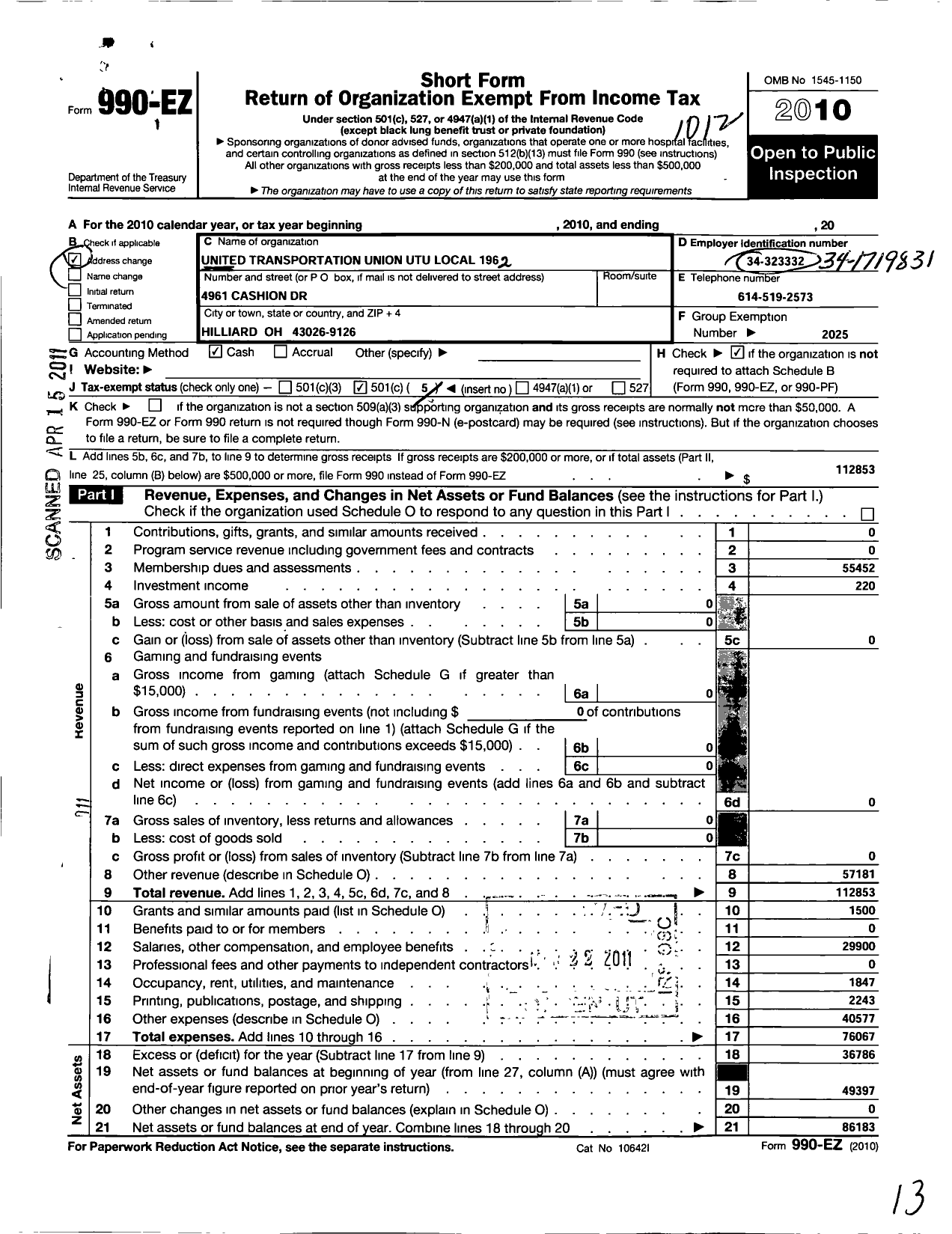 Image of first page of 2010 Form 990EO for Smart Union - 1962 TD