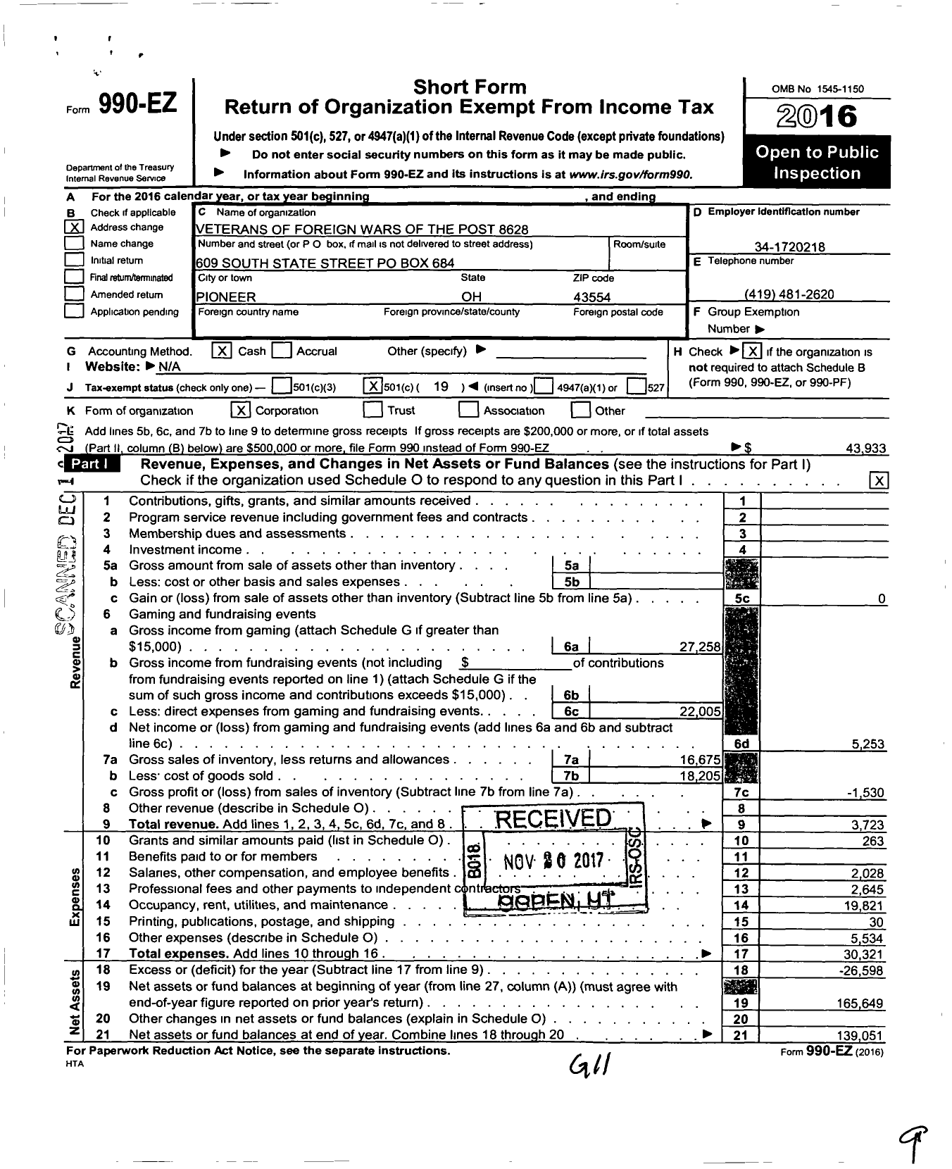 Image of first page of 2016 Form 990EO for Ohio VFW - 8628 Post