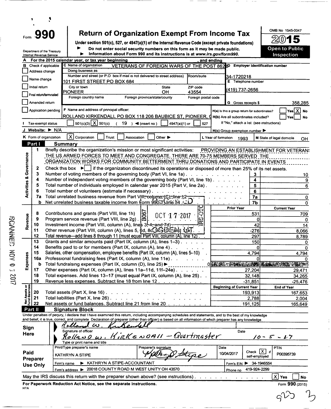 Image of first page of 2015 Form 990O for Ohio VFW - 8628 Post