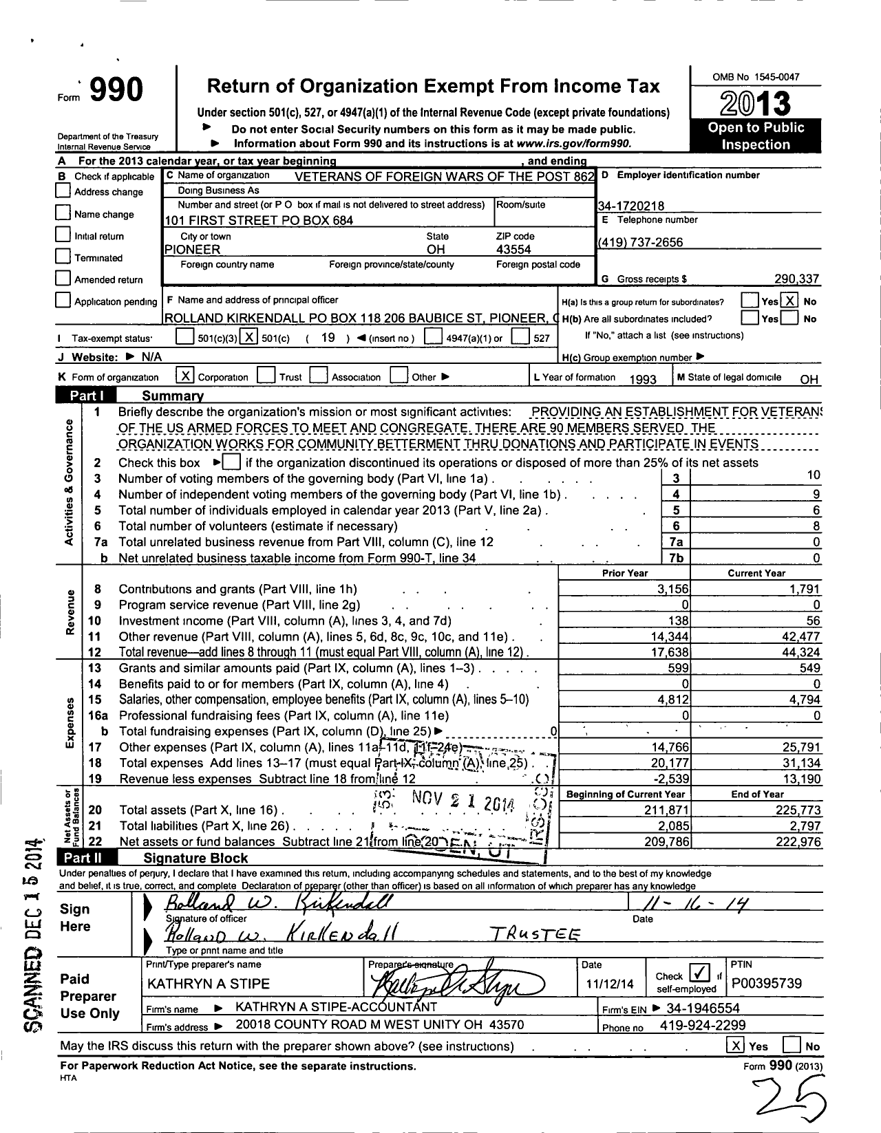 Image of first page of 2013 Form 990O for Ohio VFW - 8628 Post