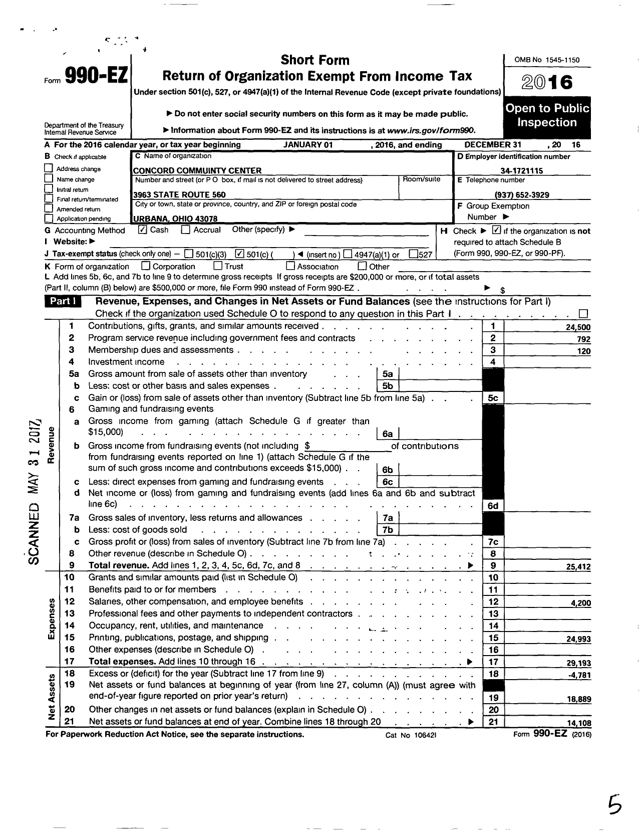 Image of first page of 2016 Form 990EO for Concord Community Center Association