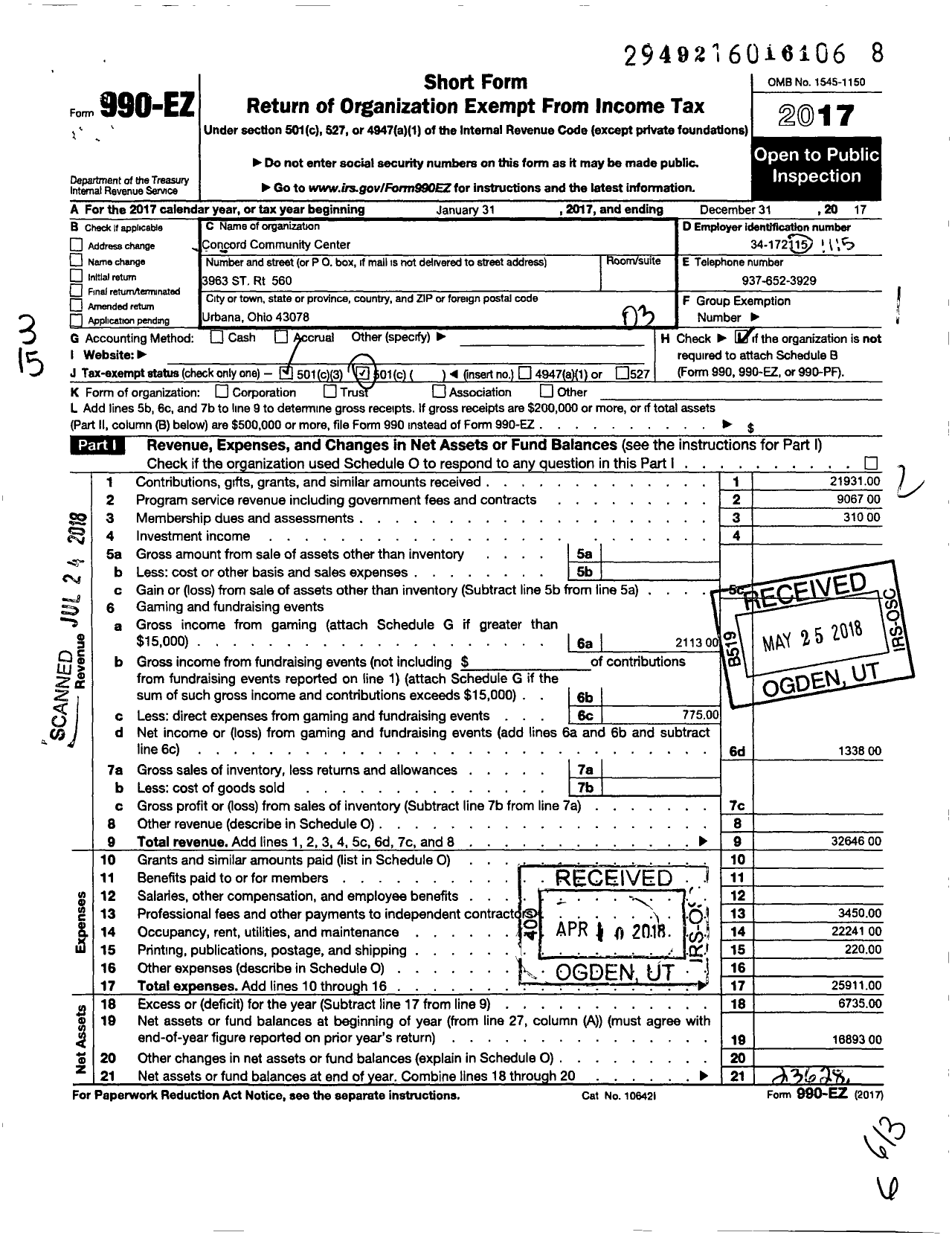 Image of first page of 2017 Form 990EZ for Concord Community Center Association