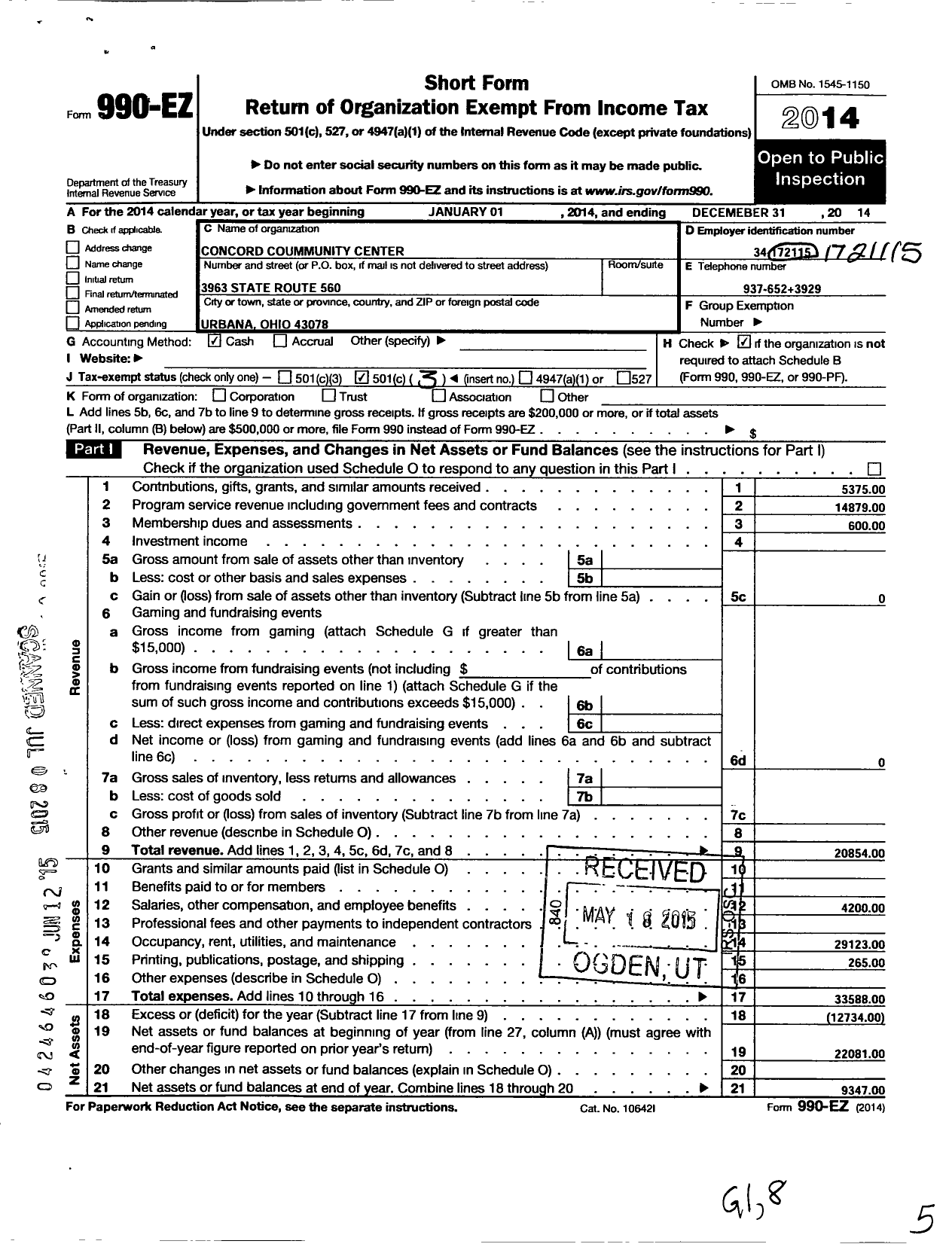 Image of first page of 2014 Form 990EZ for Concord Community Center Association