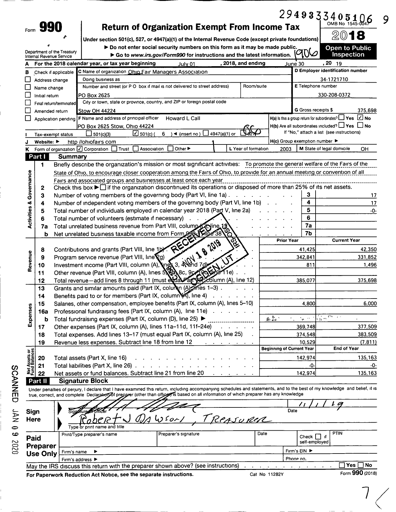 Image of first page of 2018 Form 990O for Ohio Fair Managers Association