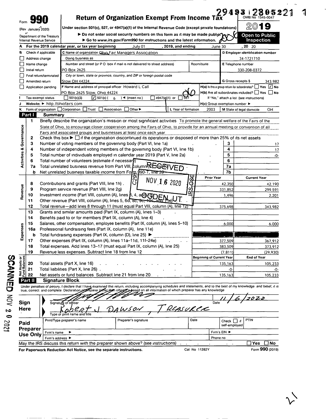 Image of first page of 2019 Form 990O for Ohio Fair Managers Association