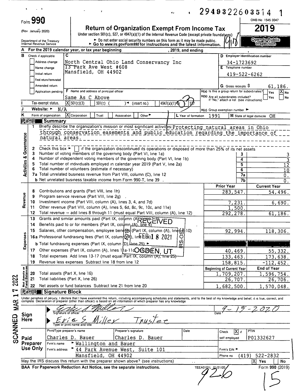Image of first page of 2019 Form 990 for North Central Ohio Land Conservancy
