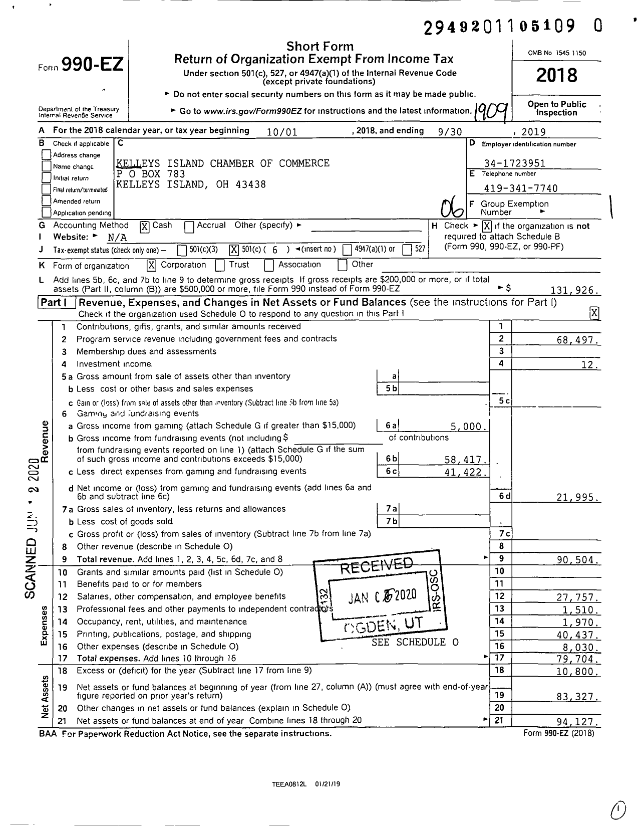 Image of first page of 2018 Form 990EO for Kelleys Island Chamber of Commerce